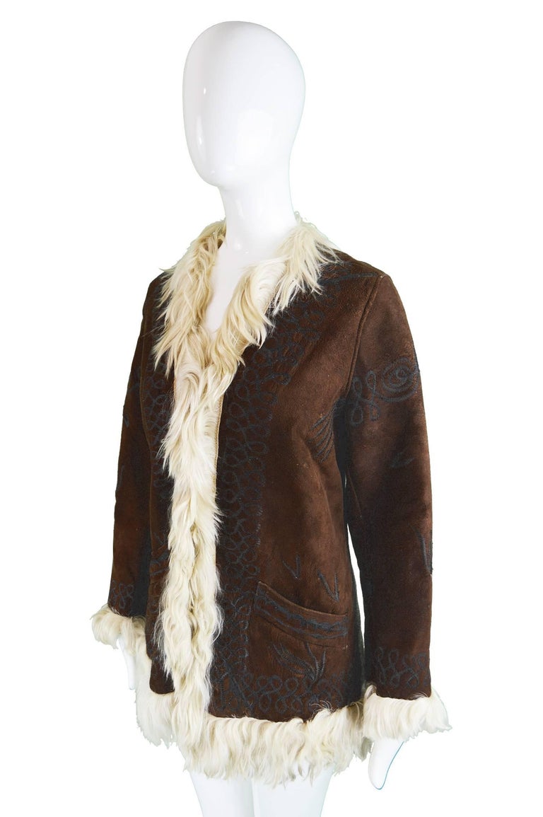Embroidered Lambskin Dark Brown Vintage Afghan Coat, 1970s at 1stDibs