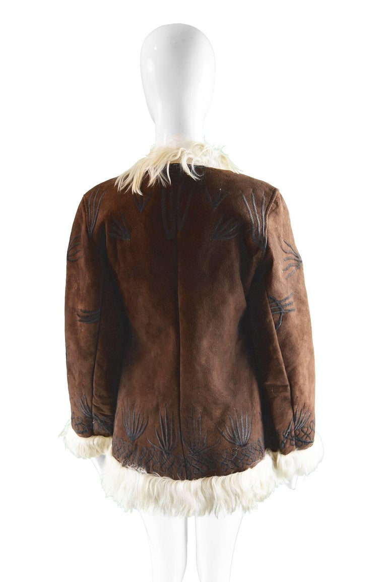Embroidered Lambskin Dark Brown Vintage Afghan Coat, 1970s at 1stDibs