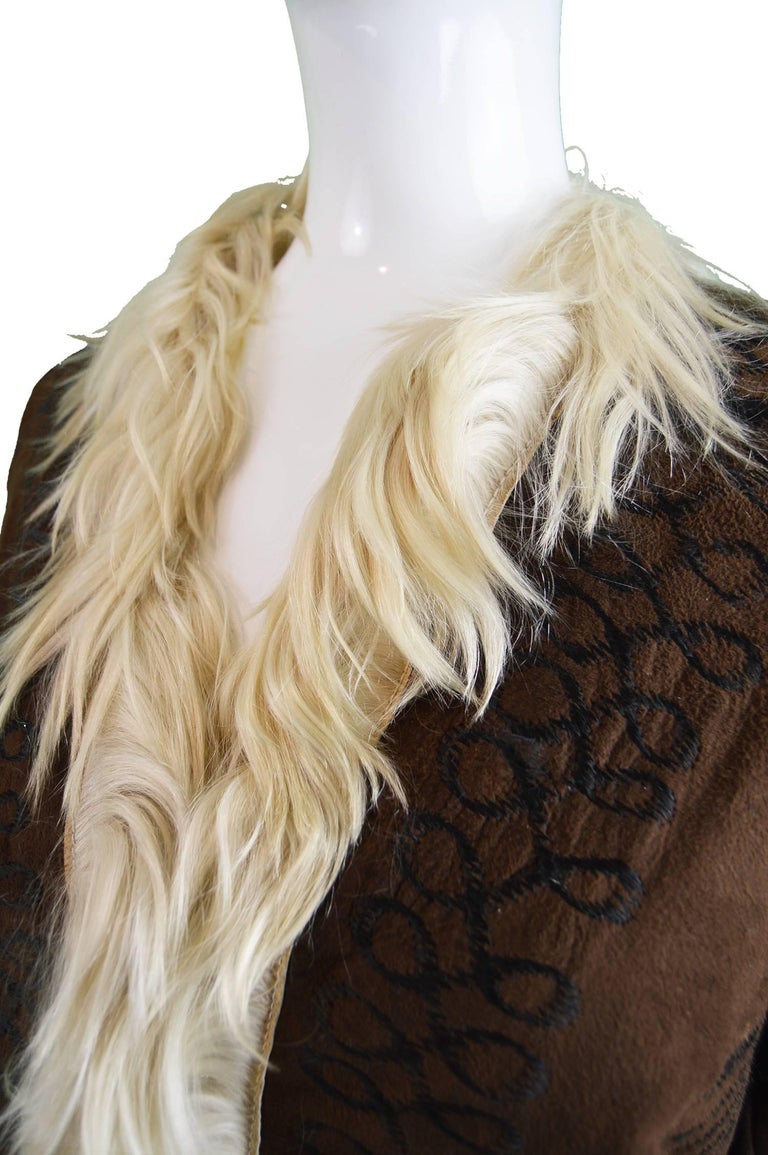 Embroidered Lambskin Dark Brown Vintage Afghan Coat, 1970s at 1stDibs
