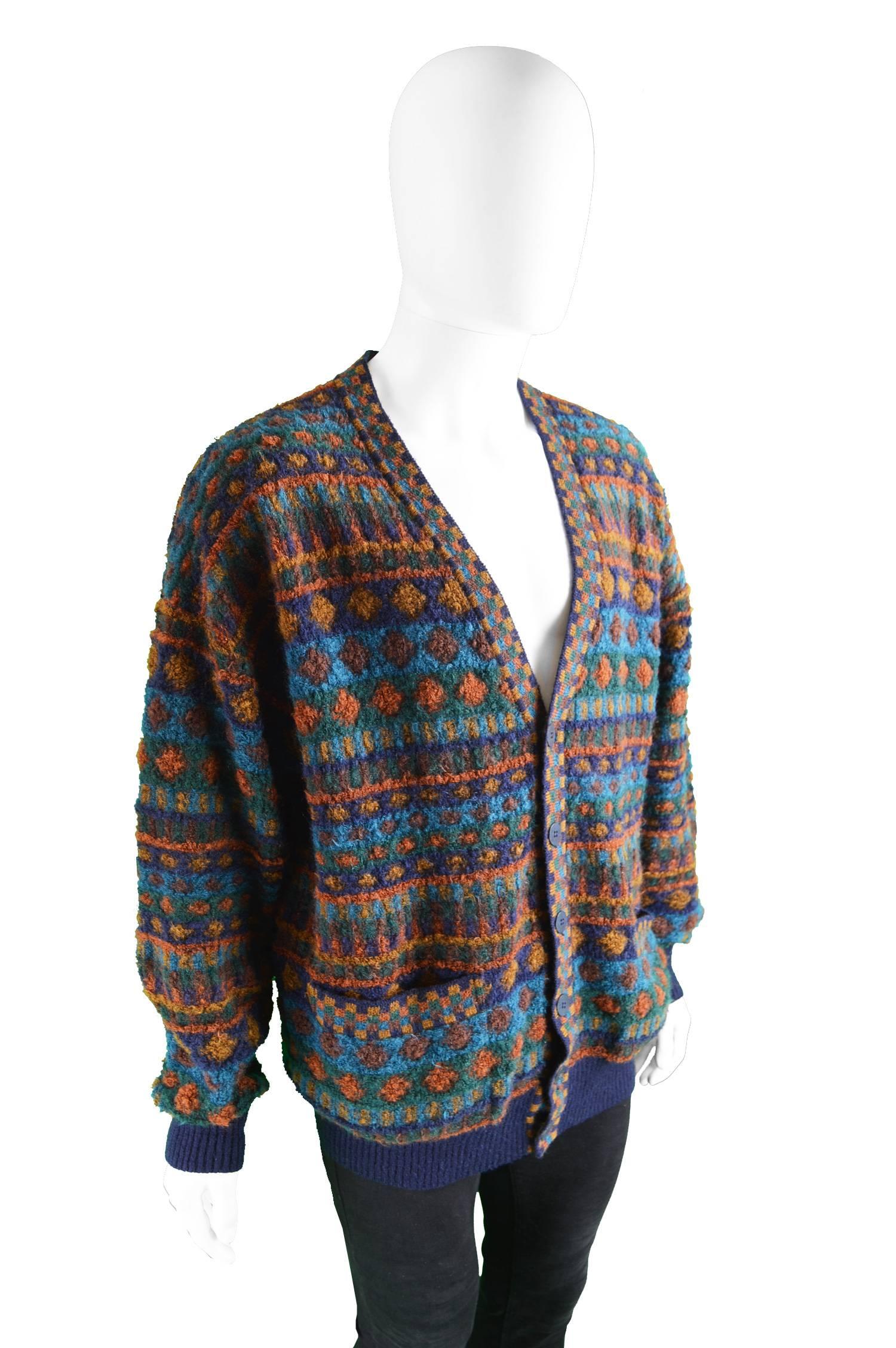 Missoni Mens Textured Italian Wool Vintage Cardigan Sweater, 1990s