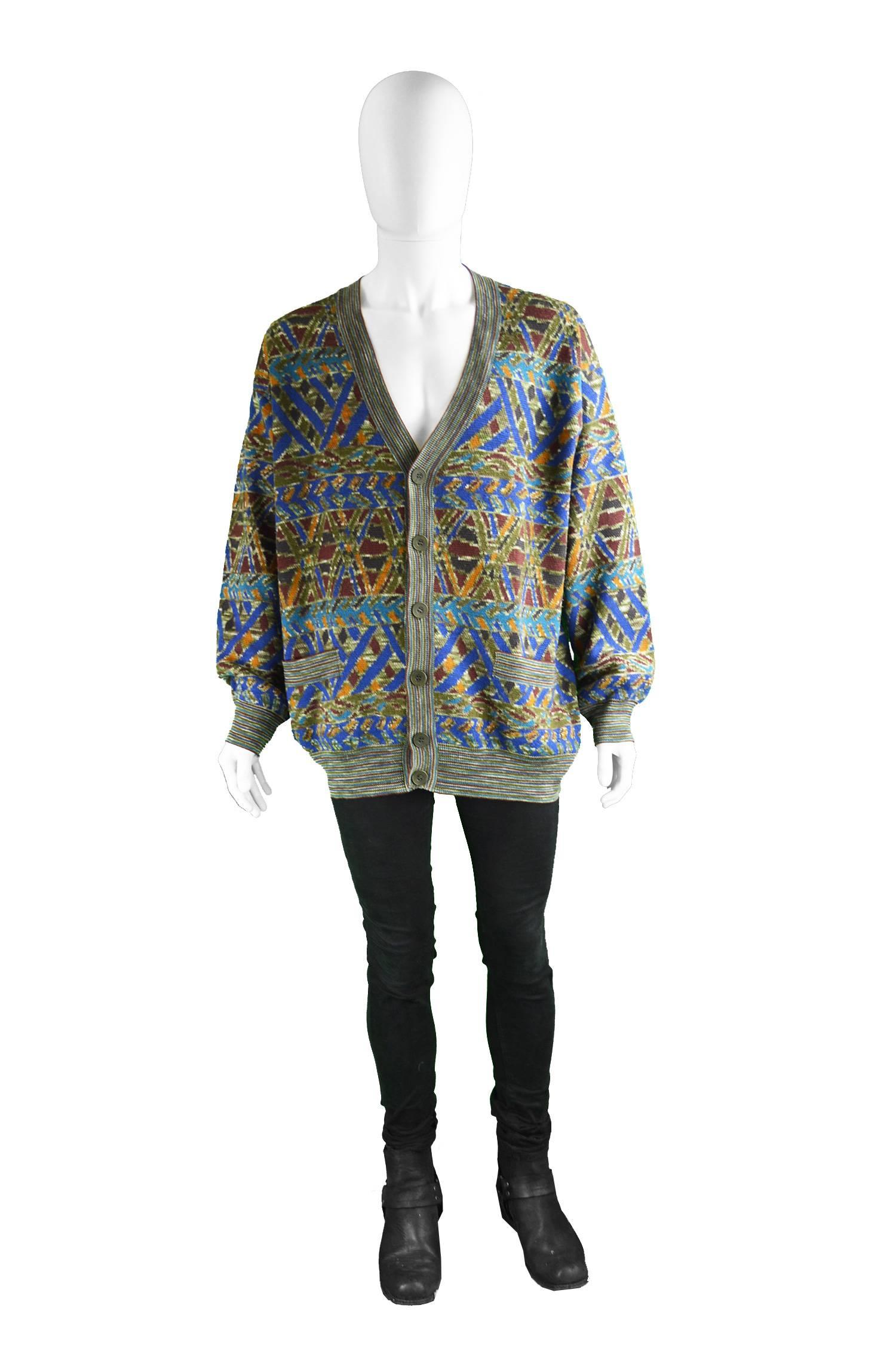 Missoni Men's Vintage Multicoloured Patterned Wool Cardigan Sweater, 1990s

Size: Marked 56 which is roughly a men's 2XL but looks great with a slouchy oversized fit on a men's Large to XL. Please check measurements.
Chest - Up to 54” / 137cm
Length