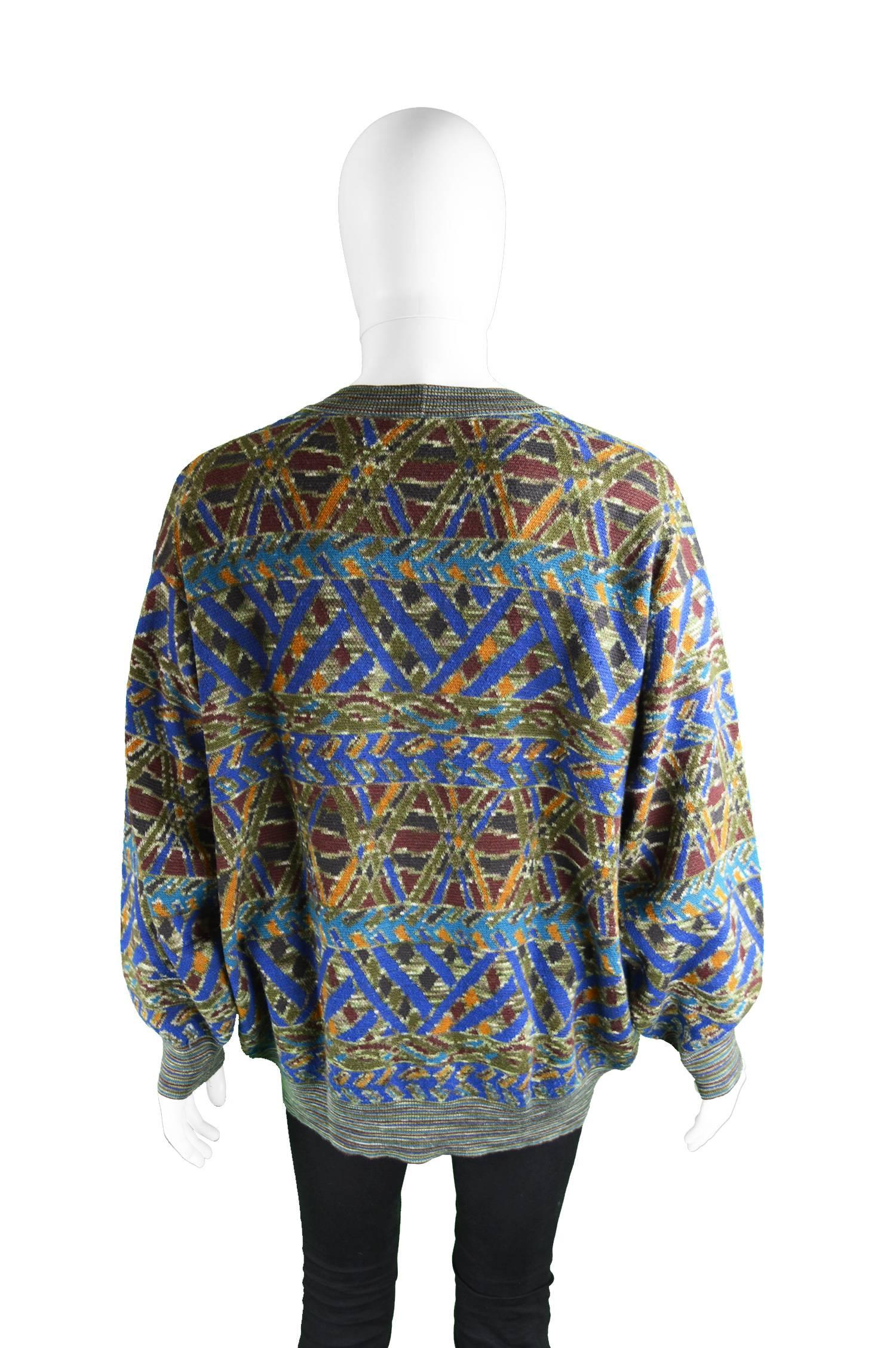 Women's or Men's Missoni Men's Vintage Multicolored Patterned Wool Cardigan Sweater, 1990s
