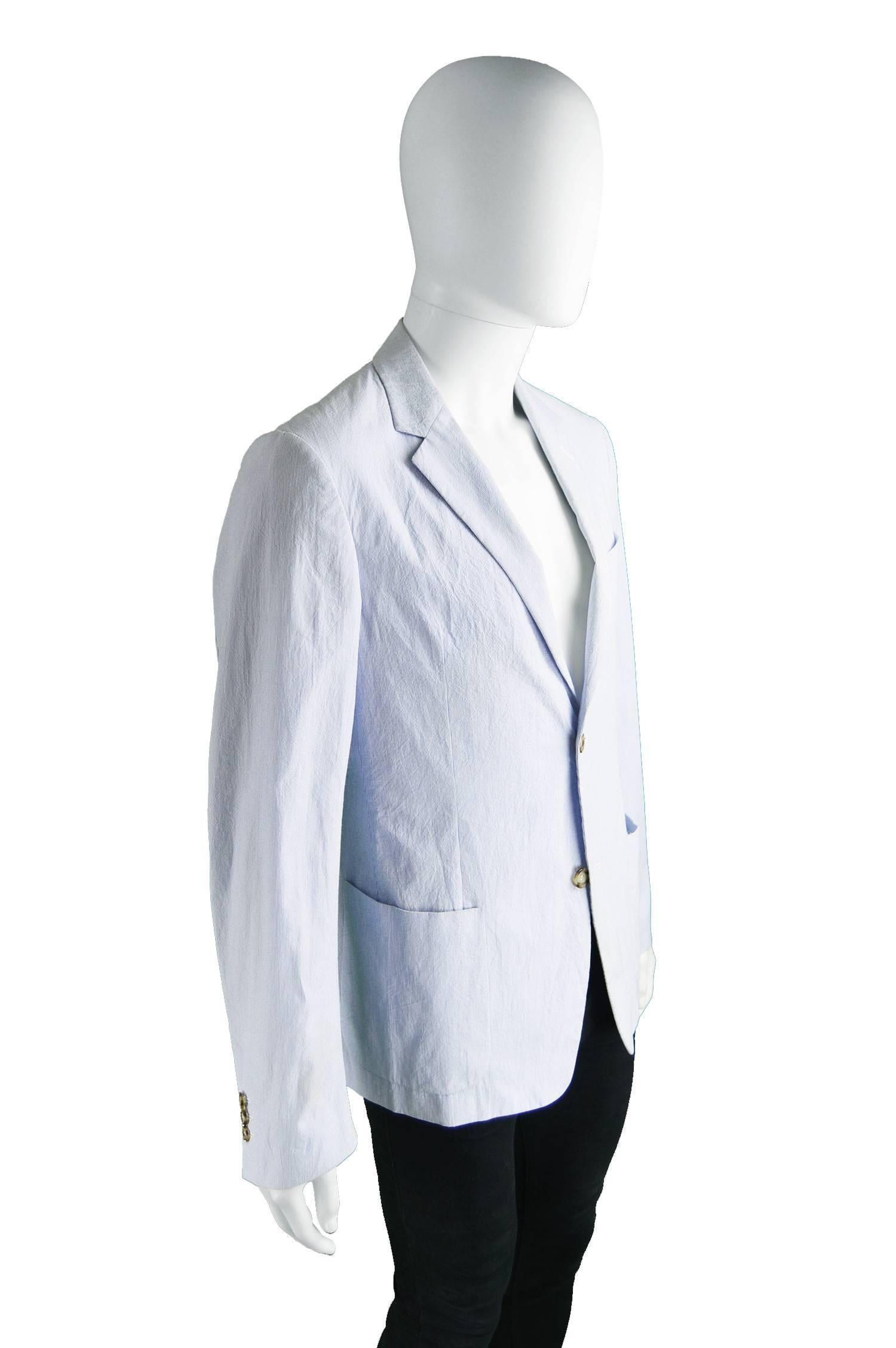 Prada Men's Blue & White Lightweight Cotton Nautical Spring Blazer In Excellent Condition In Doncaster, South Yorkshire