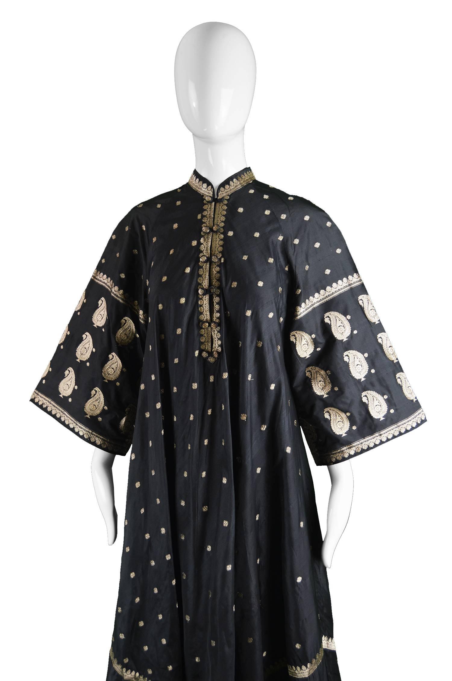 Women's Indian Silk Black & Gold Lamé Brocade Vintage Maxi Kaftan Dress, 1970s