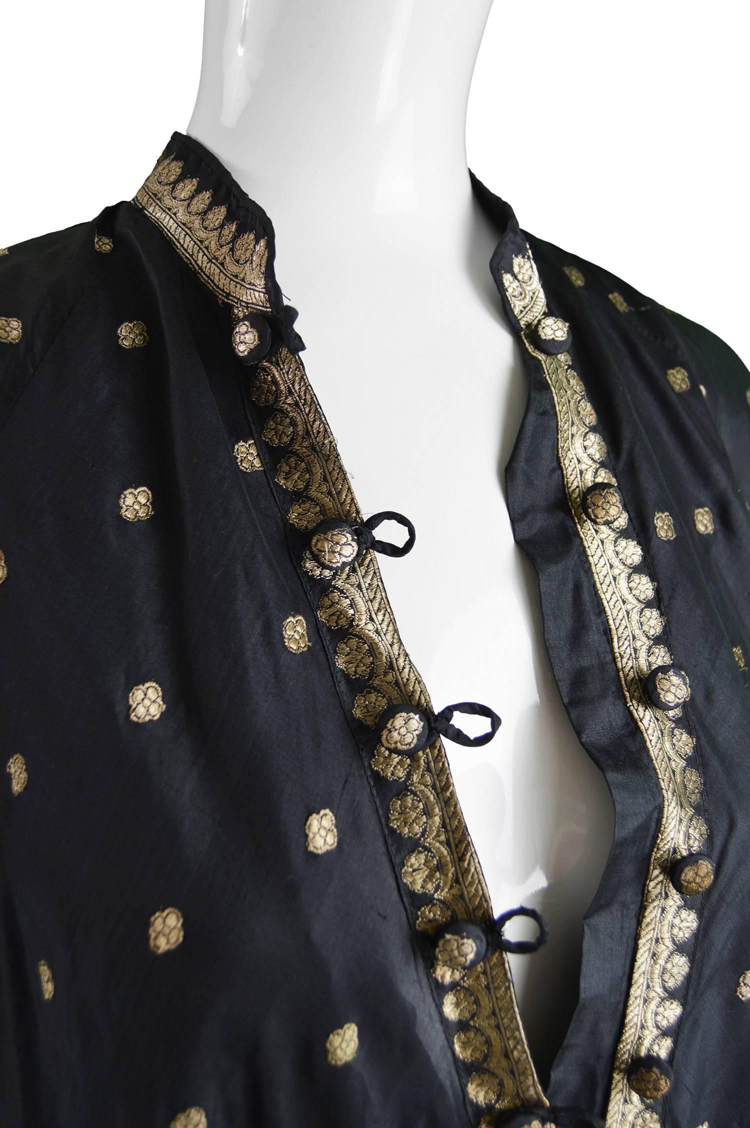 Indian Silk Black & Gold Lamé Brocade Vintage Maxi Kaftan Dress, 1970s 1
