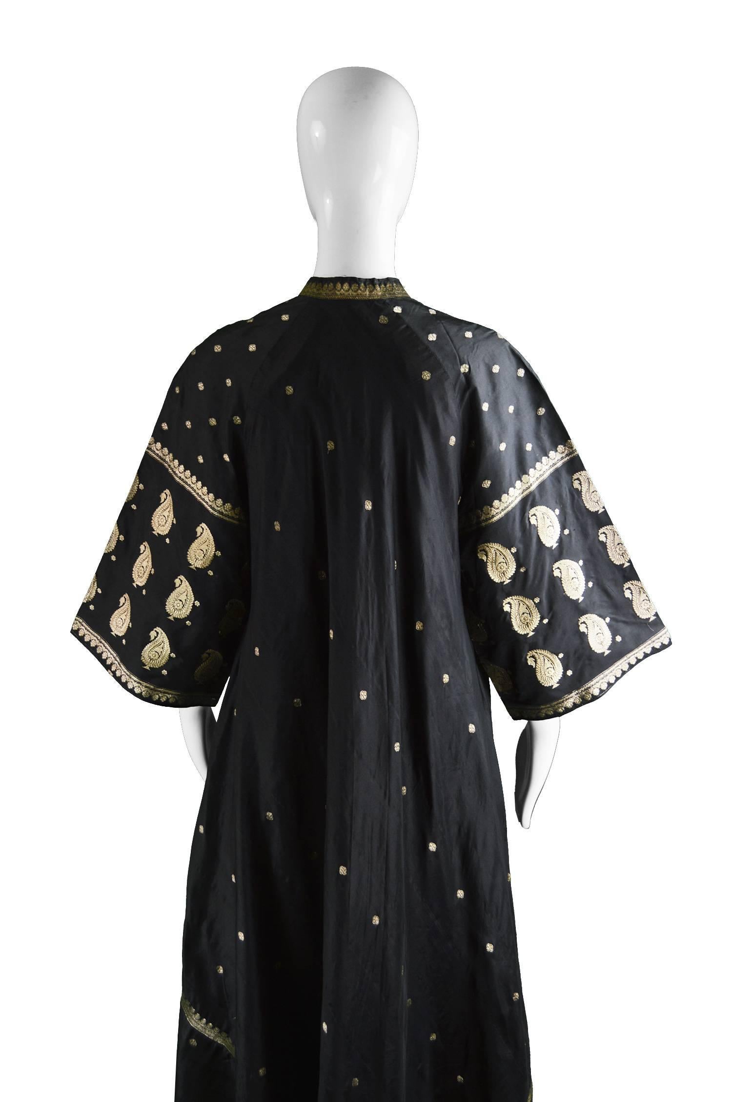 Indian Silk Black & Gold Lamé Brocade Vintage Maxi Kaftan Dress, 1970s 3