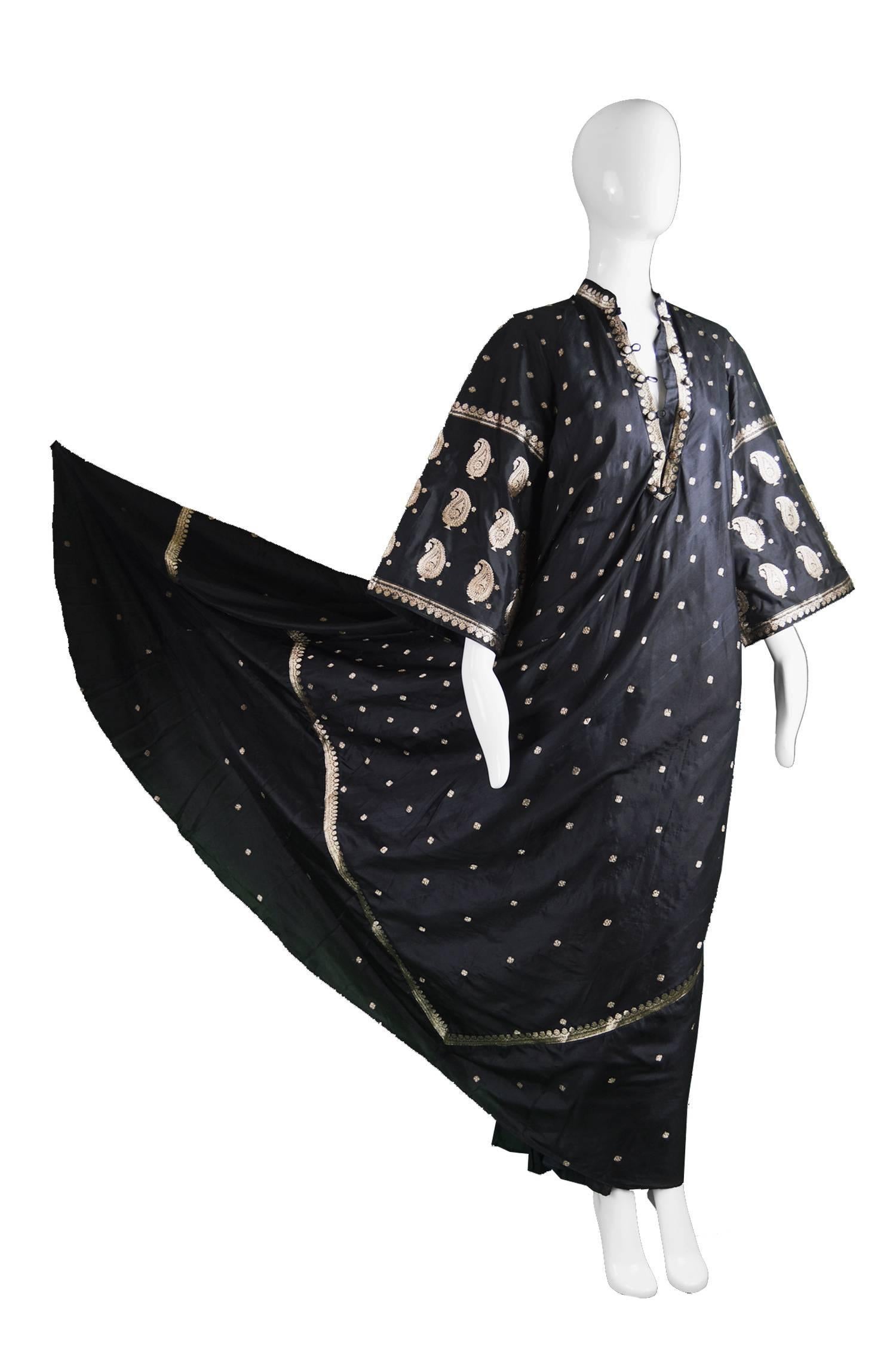 Indian Silk Black & Gold Lamé Brocade Vintage Maxi Kaftan Dress, 1970s 2