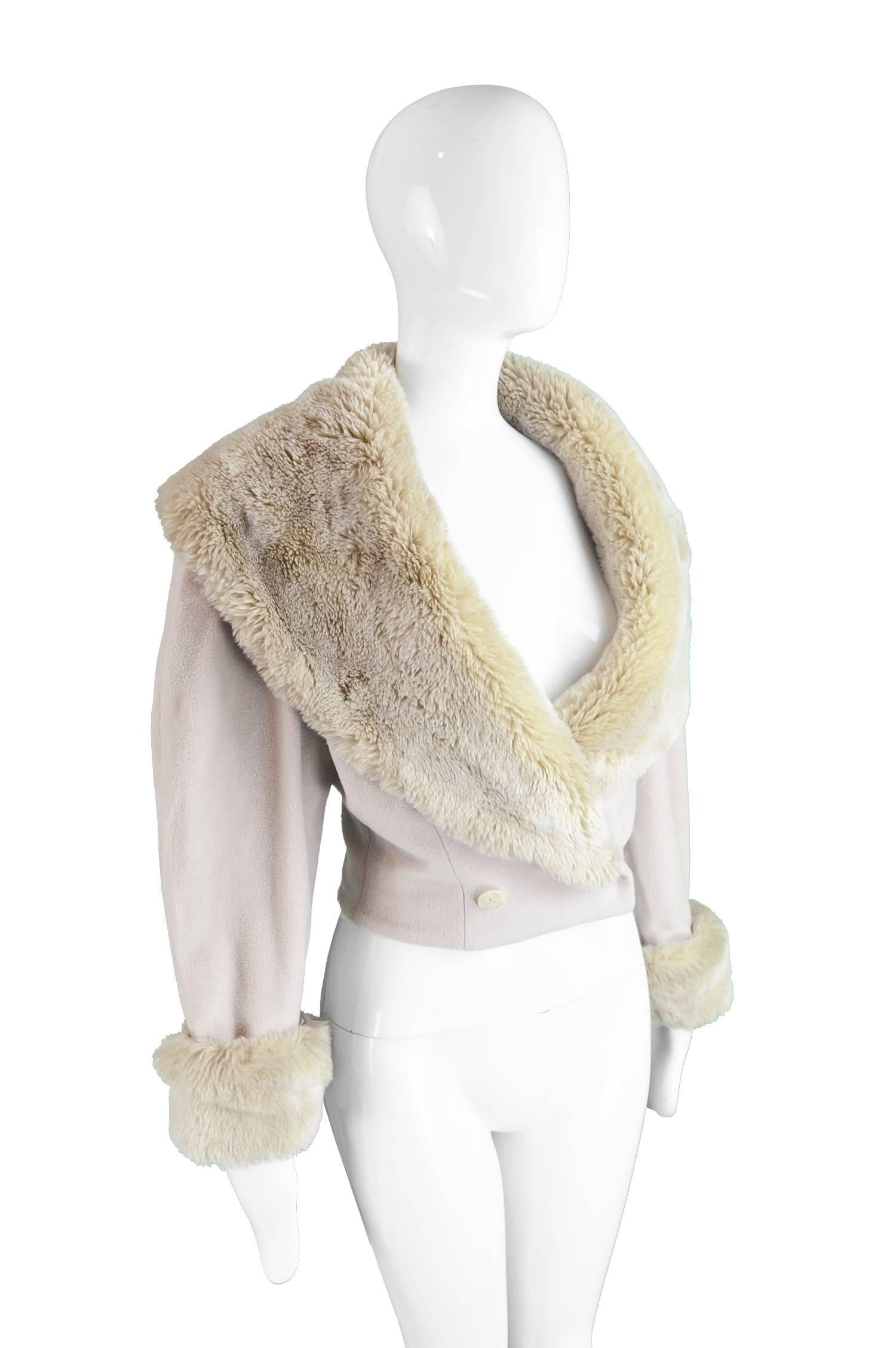Beige Byblos Cropped Nude Wool Jacket with Dramatic Faux Fur Collar, 1980s