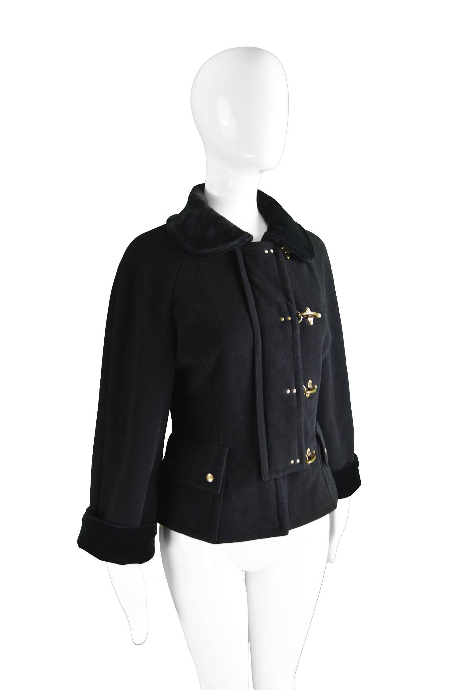 Women's Moschino Vintage Black Wool Cashmere & Velvet Clip Buckle Detail Jacket, 1990s