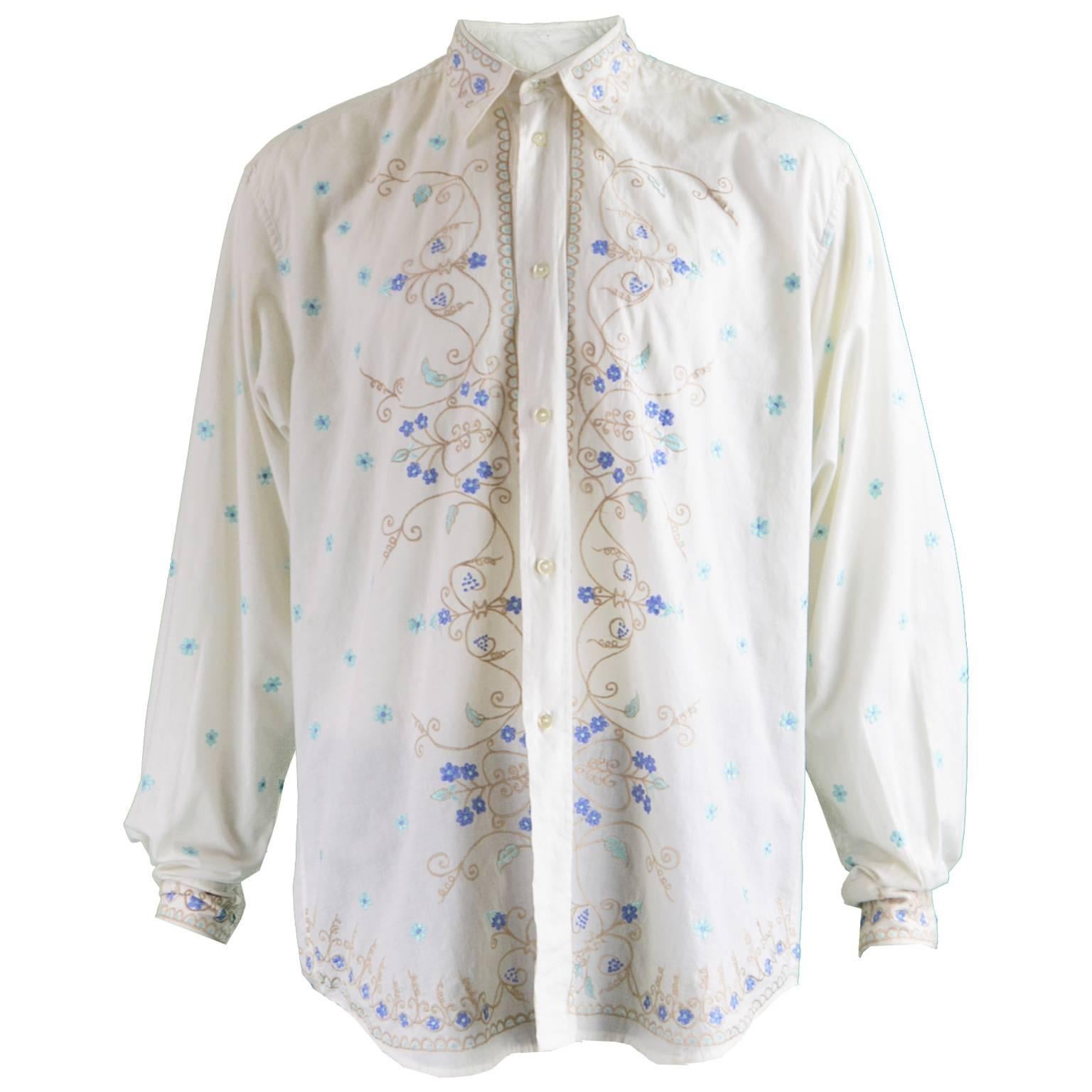 Katharine Hamnett Men's Vintage Floral Embroidered Cotton Shirt, 1990s