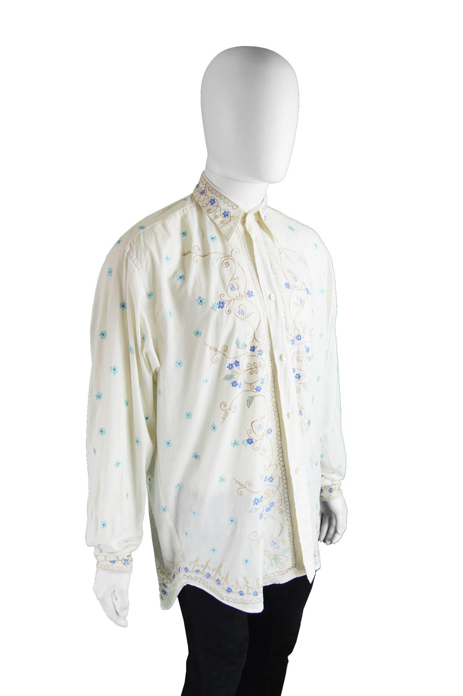 Katharine Hamnett Men's Vintage Floral Embroidered Cotton Shirt, 1990s 2