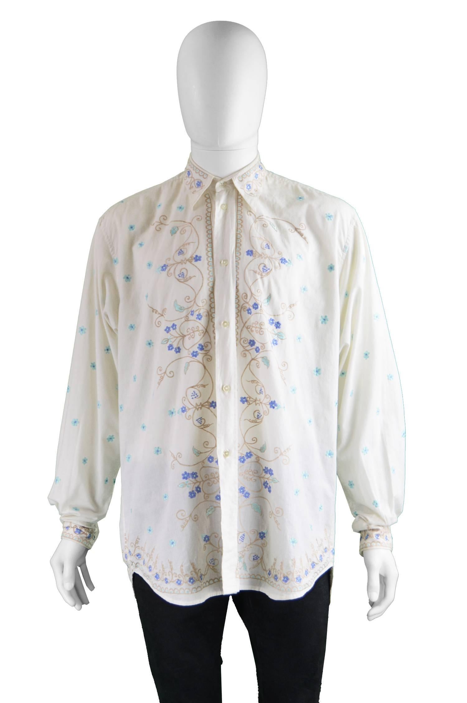 Gray Katharine Hamnett Men's Vintage Floral Embroidered Cotton Shirt, 1990s