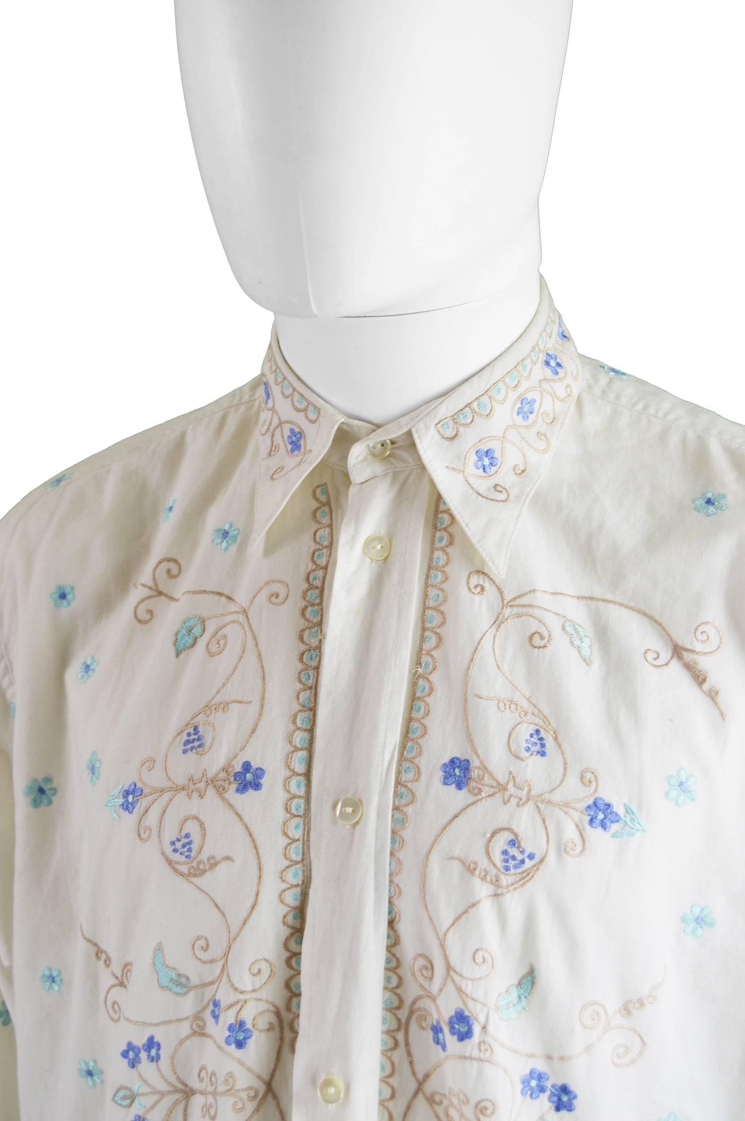 Katharine Hamnett Men's Vintage Floral Embroidered Cotton Shirt, 1990s In Good Condition In Doncaster, South Yorkshire