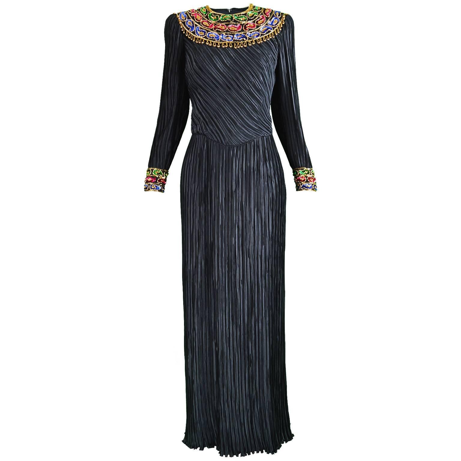 George F Couture Black & Gold Fortuny Pleat Beaded Evening Gown, 1980s