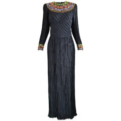 Vintage George F Couture Black & Gold Fortuny Pleat Beaded Evening Gown, 1980s