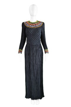 George F Couture Black & Gold Fortuny Pleat Beaded Evening Gown, 1980s