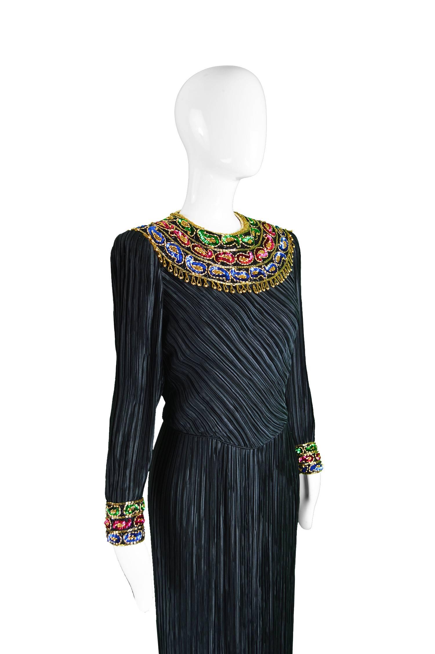 Women's George F Couture Black & Gold Fortuny Pleat Beaded Evening Gown, 1980s