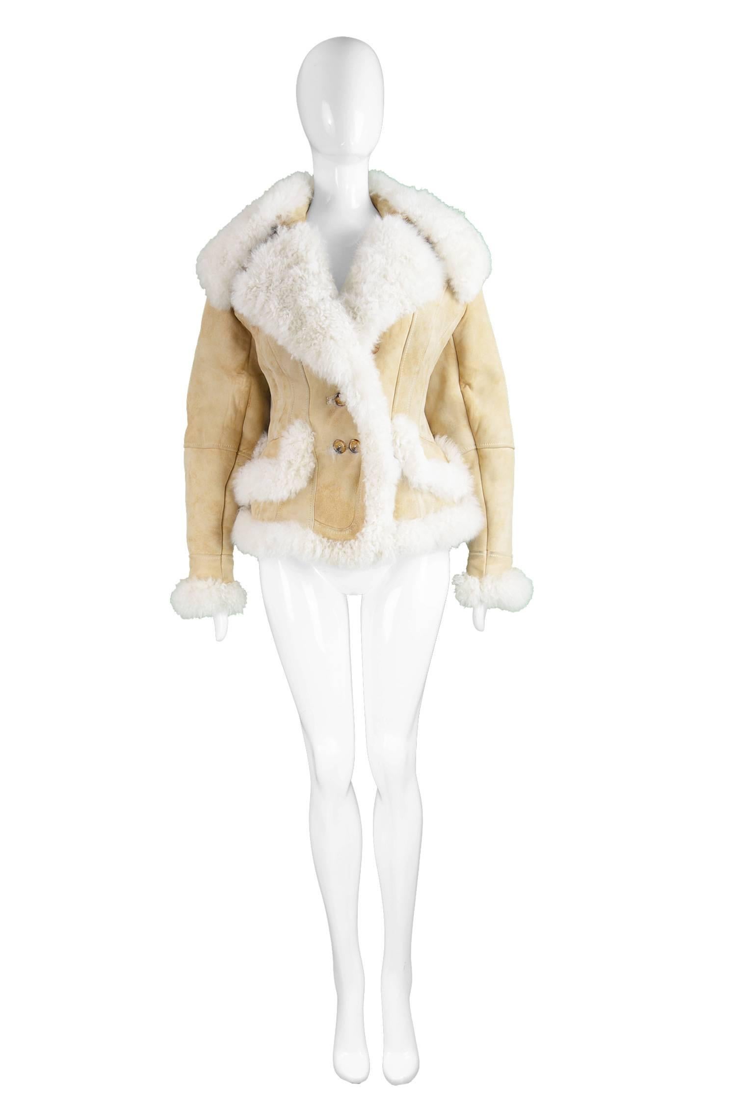 Gianfranco Ferre Women's Vintage Fitted Mongolian Lamb Shearling Trim Jacket, 1990s

Estimated Size: UK 10/ US 6/ EU 38. Please check measurements. 
Bust - 38” / 96cm (please allow roughly 4inch room for movement and thickness of coat)
Waist - 34” /