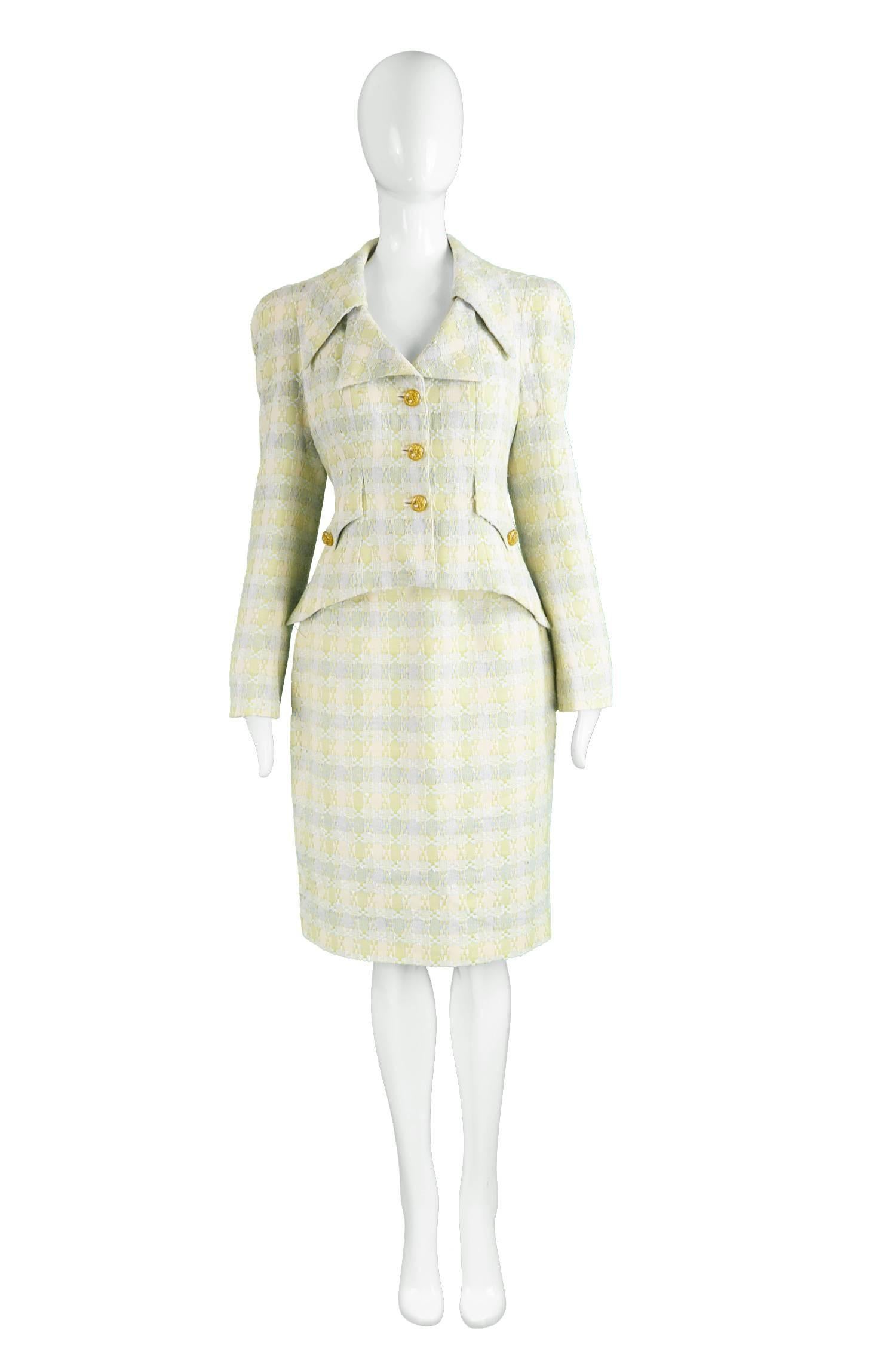 Unworn Christian Lacroix Cotton & Raffia Tweed Vintage Skirt Suit, 1990s

Estimated Size: UK 10/ US 6/ EU 38. Please check measurements.
Bust - 36” / 91cm (allow a couple of inches room for movement) 
Length of jacket (Shoulder to Hem) - 21” /