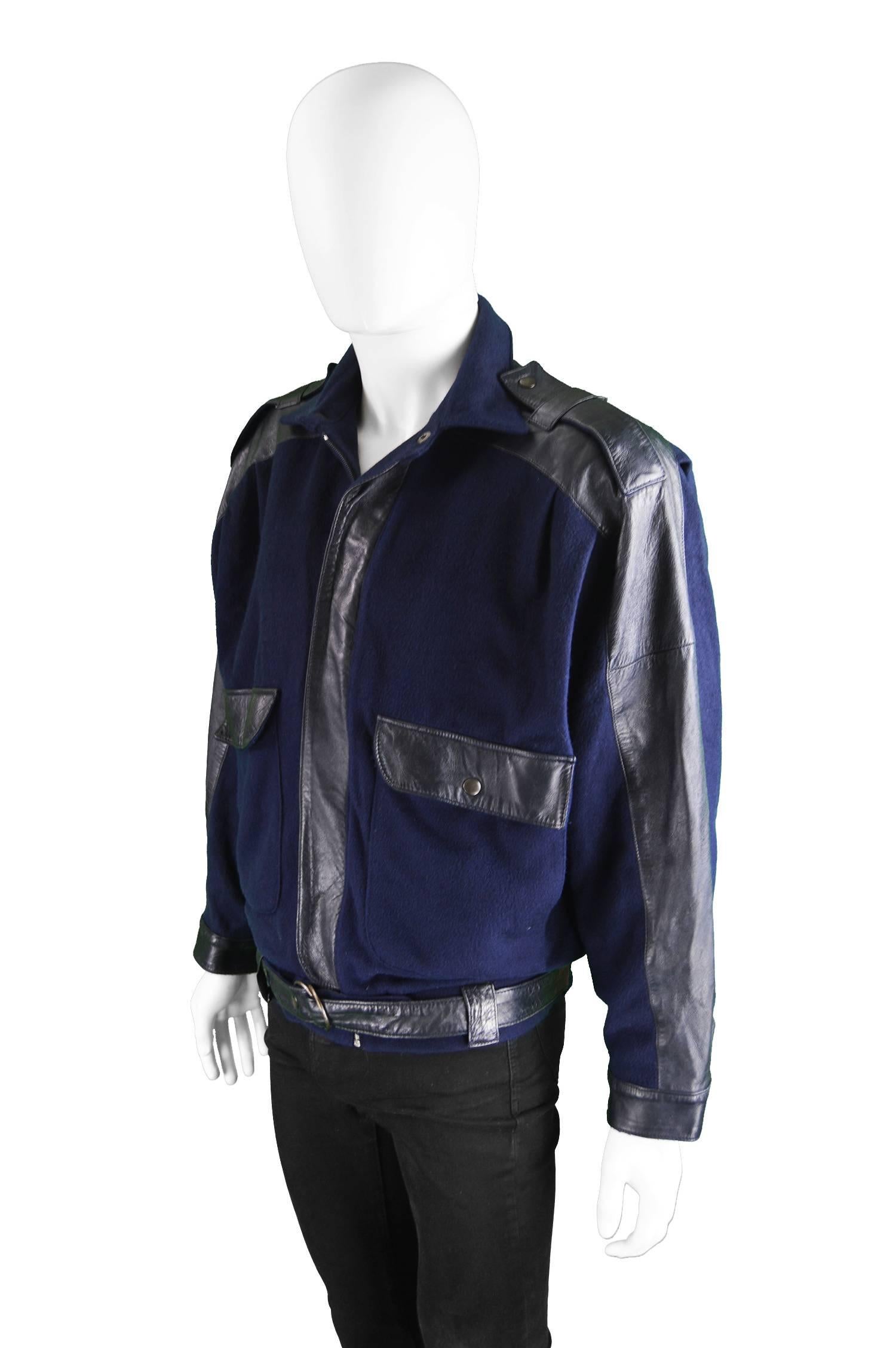 Black Guy Laroche Men's Vintage Leather & Blue Wool Bomber Jacket, 1980s For Sale