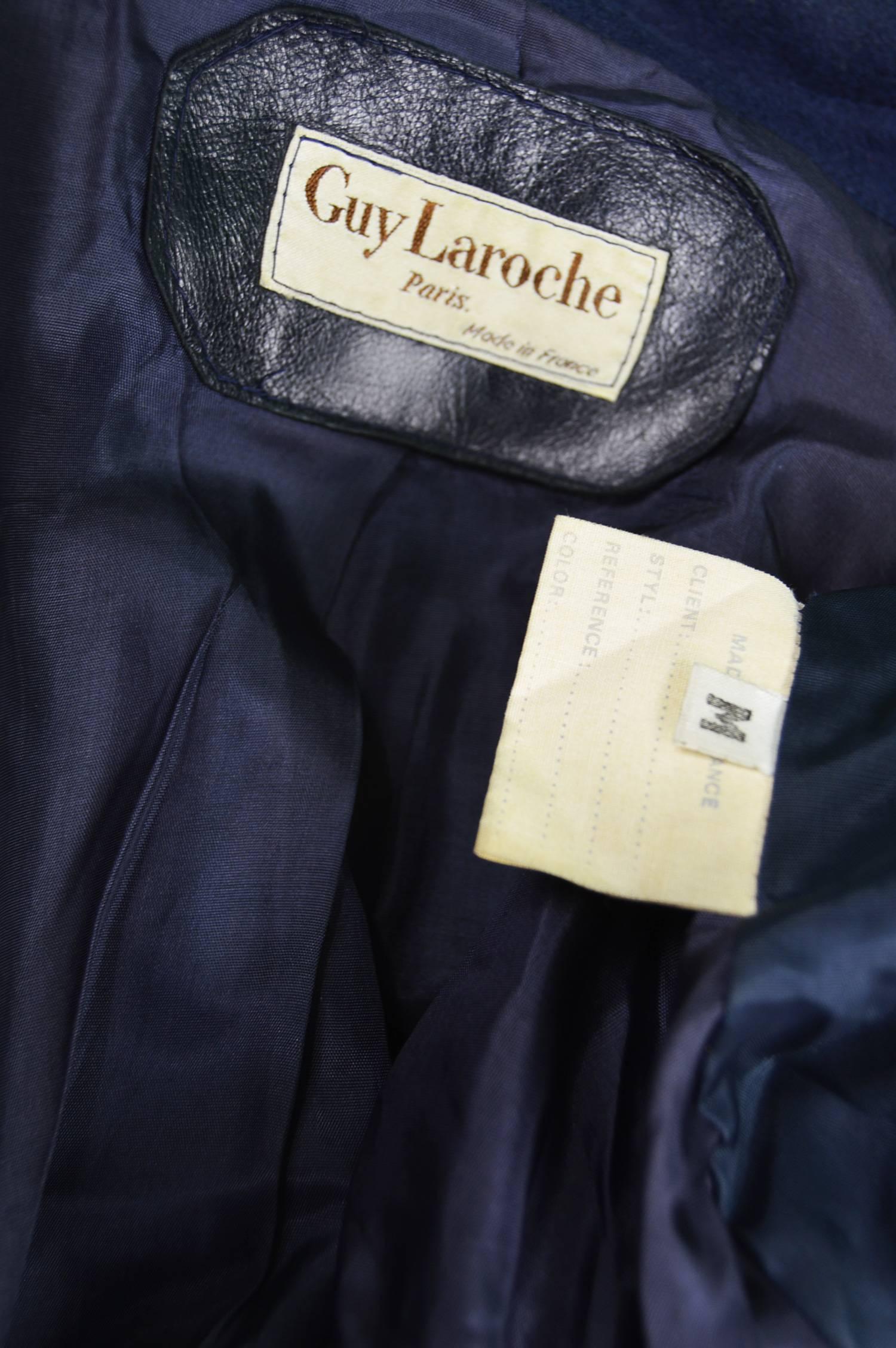 Guy Laroche Men's Vintage Leather & Blue Wool Bomber Jacket, 1980s For Sale 1