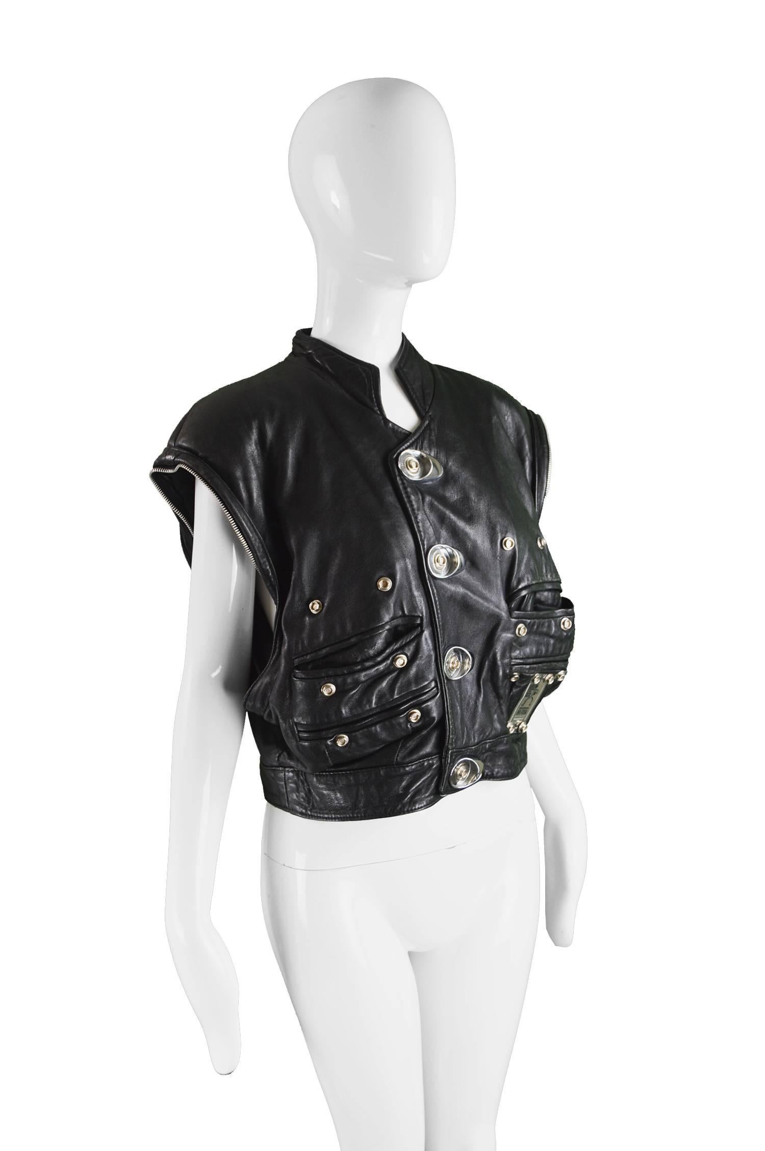Black Hi Tek Leather Jacket with Removable Sleeves and Metal Attachments, 1980s For Sale