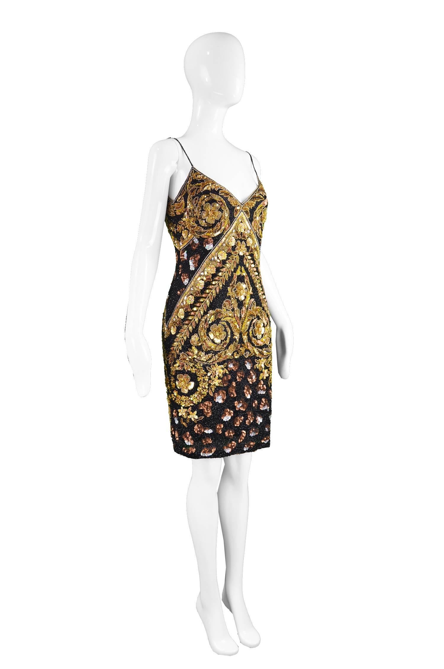 Naeem Khan Vintage Beaded, Sequinned Black & Gold Silk Party Dress, 1980s 1