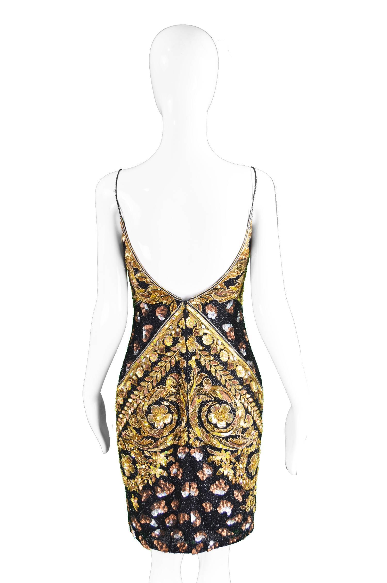 Naeem Khan Vintage Beaded, Sequinned Black & Gold Silk Party Dress, 1980s 3