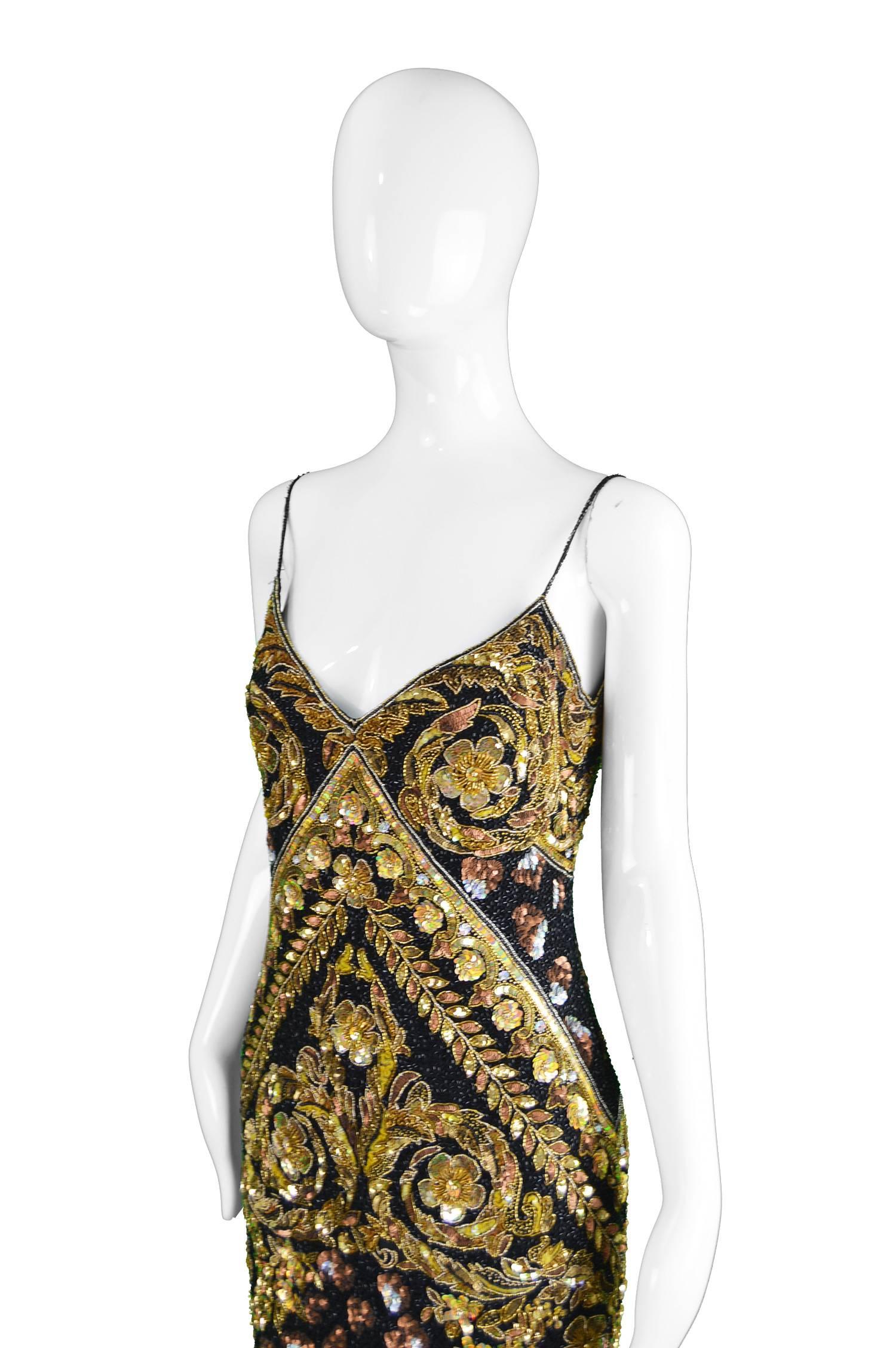 Naeem Khan Vintage Beaded, Sequinned Black & Gold Silk Party Dress, 1980s In Excellent Condition In Doncaster, South Yorkshire