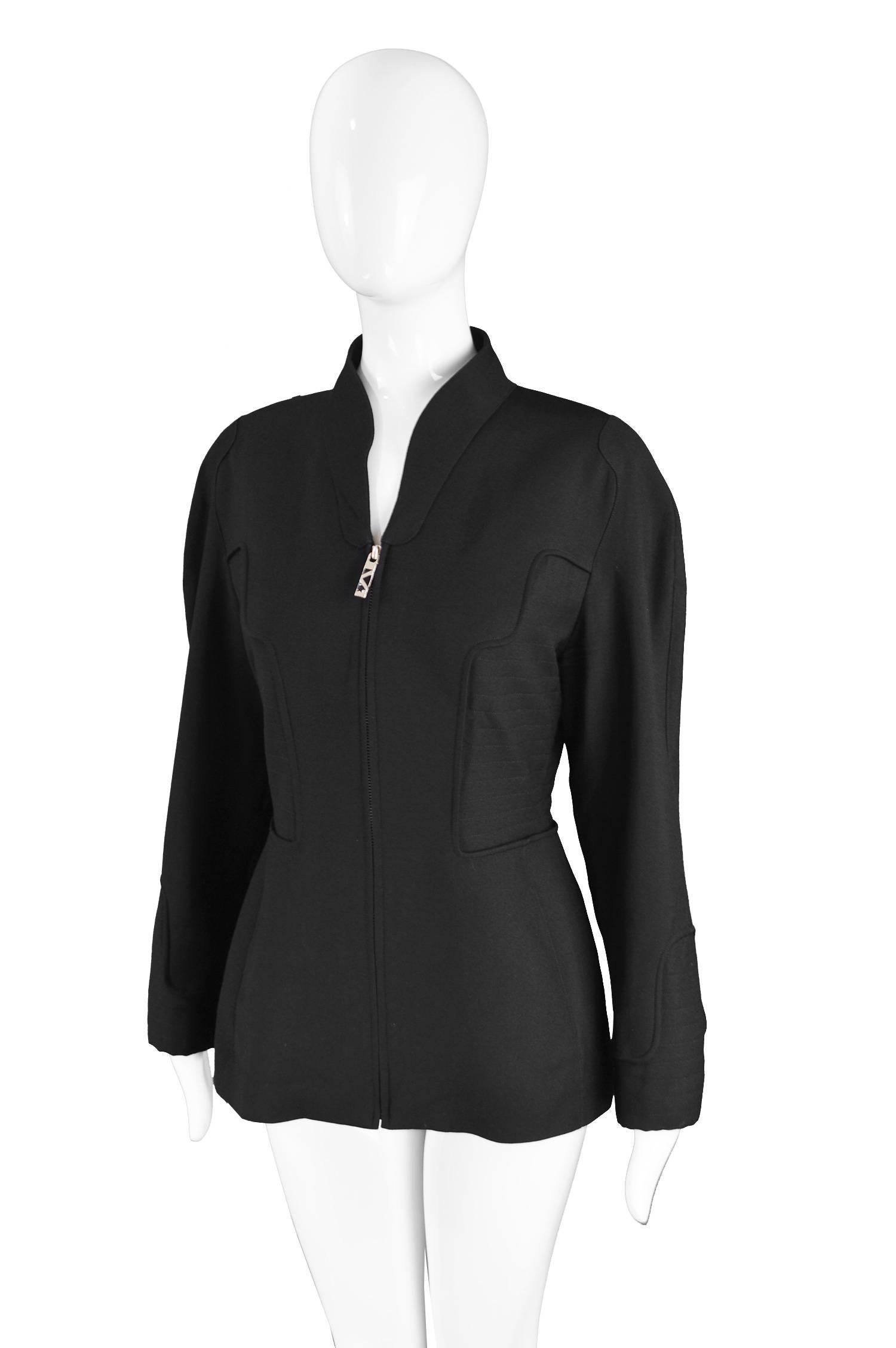 Thierry Mugler Black Worsted Wool Futuristic Vintage Jacket, 1990s In Excellent Condition In Doncaster, South Yorkshire