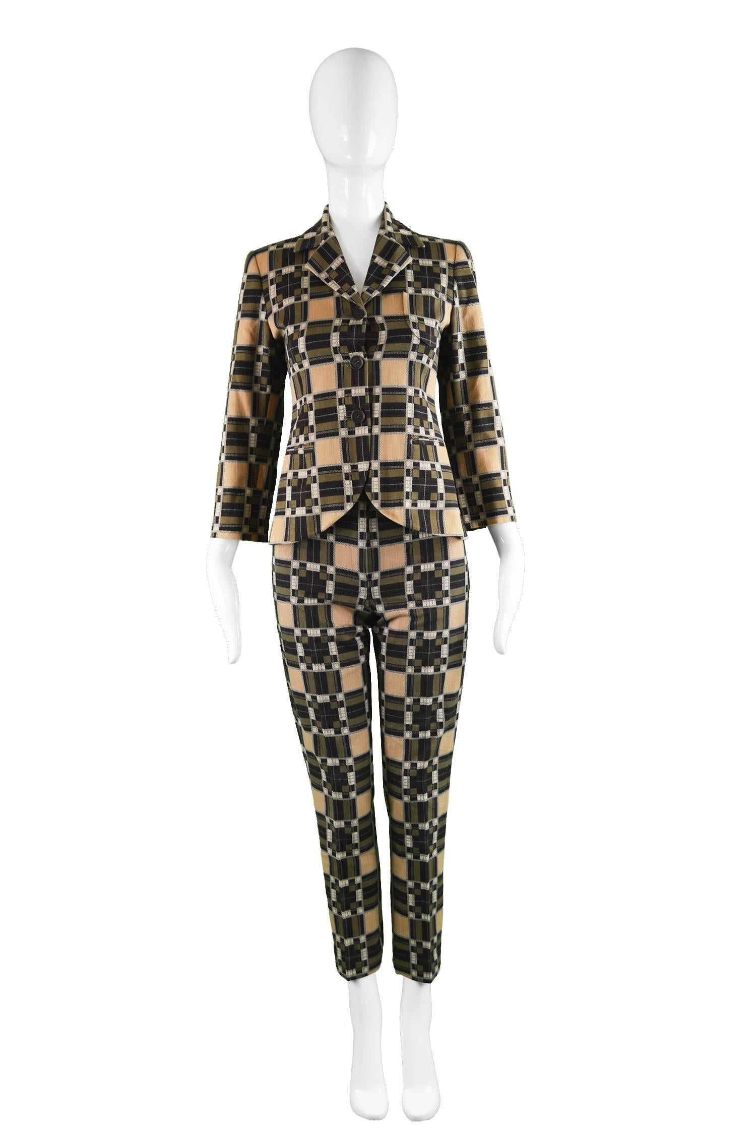 Rifat Ozbek Vintage Women's Checked Cotton Plaid Pant Suit, 1990s 

Estimated Size: petite size UK 6-8/ US 2-4/ EU 34-36. Runs quite narrow at the hip. Please check measurements.
Jacket
Bust - 34” / 86cm (allow a couple of inches room for