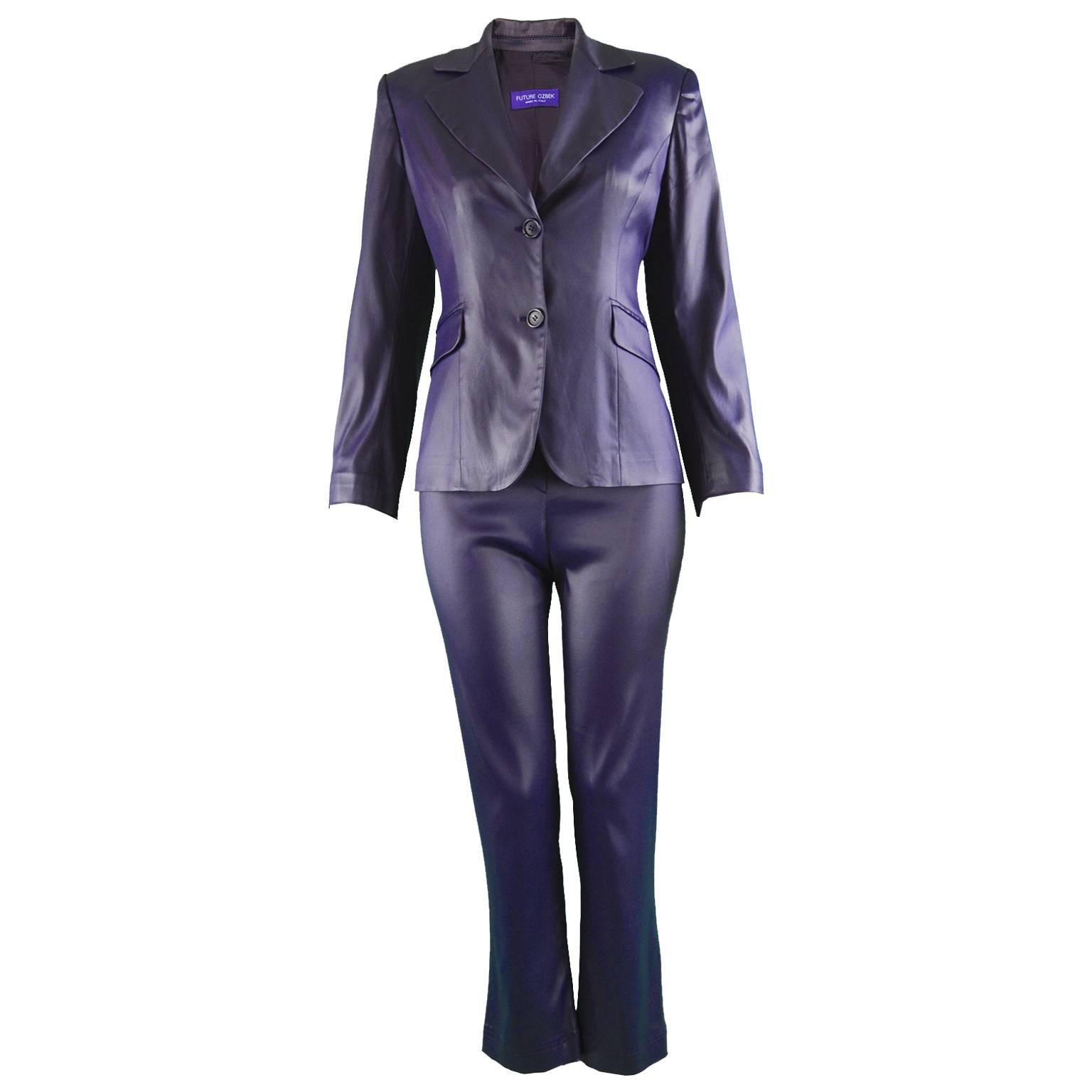 Rifat Ozbek Dark Purple Wet Look Vintage Pant Suit, 1990s For Sale