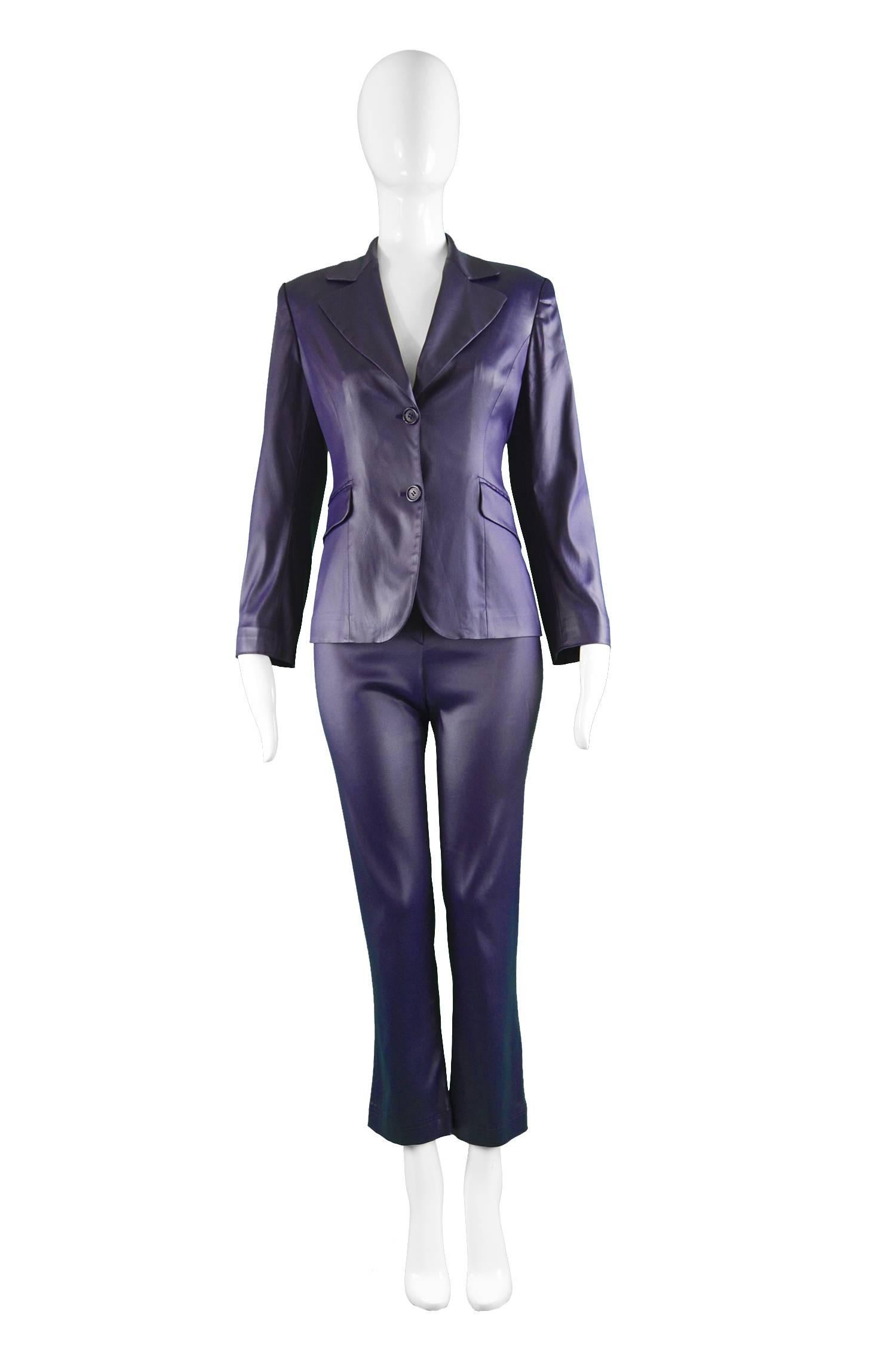 Rifat Ozbek Dark Purple Wet Look Vintage Pant Suit, 1990s

Estimated Size: petite size UK 6-8/ US 2-4/ EU 34-36. Runs quite narrow at the hip. Please check measurements.
Jacket 
Bust - 34” / 86cm (please allow a couple of inches room for