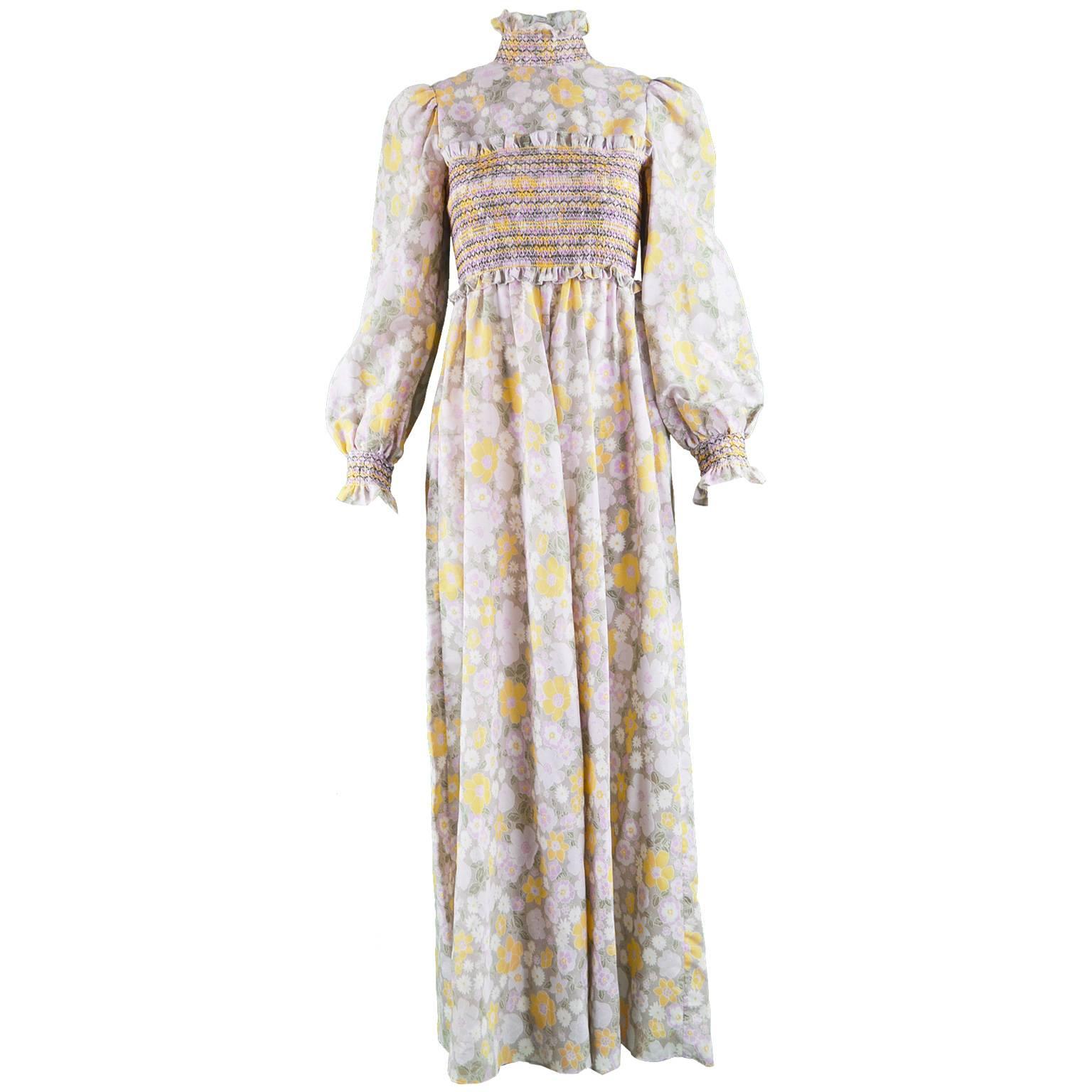 Roland Klein for Marcel Fenez Smocked Floral Cotton Voile Maxi Dress, 1970s For Sale