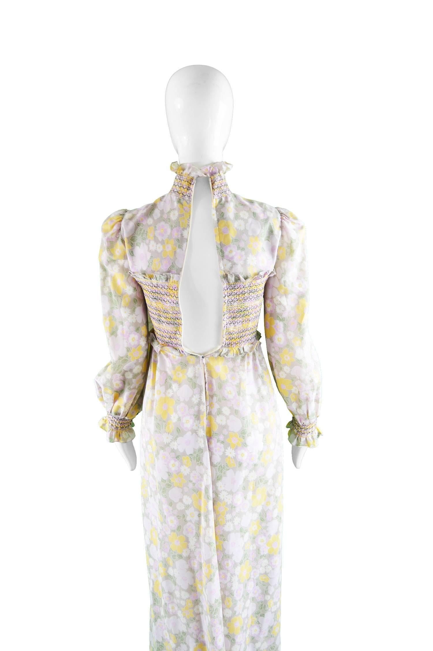 Roland Klein for Marcel Fenez Smocked Floral Cotton Voile Maxi Dress, 1970s For Sale 1