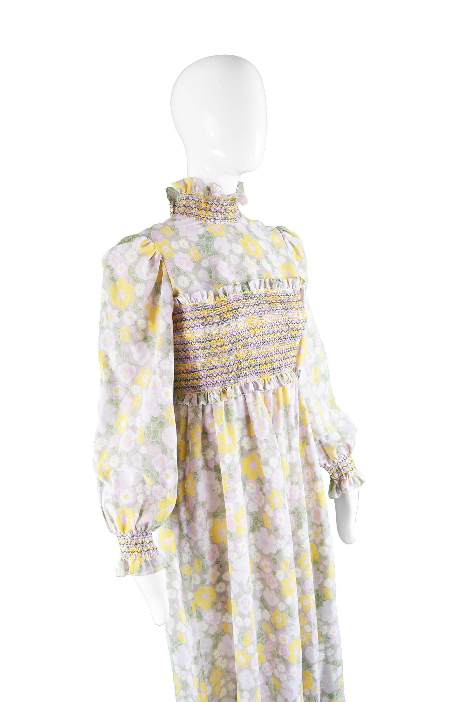 Women's Roland Klein for Marcel Fenez Smocked Floral Cotton Voile Maxi Dress, 1970s For Sale