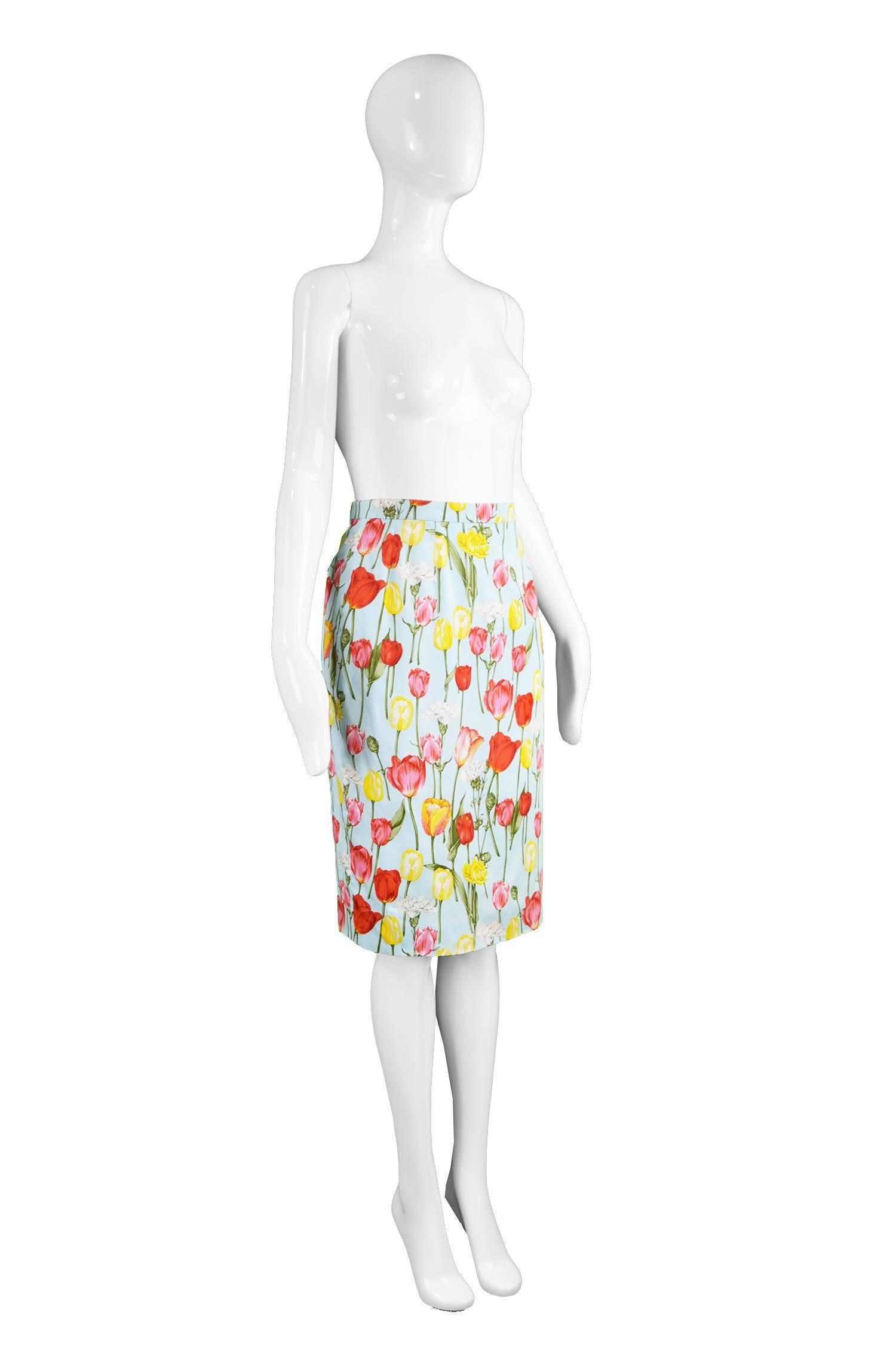 Women's Guy Laroche Vintage Tulip Print Light Blue Cotton Pencil Skirt, 1990s