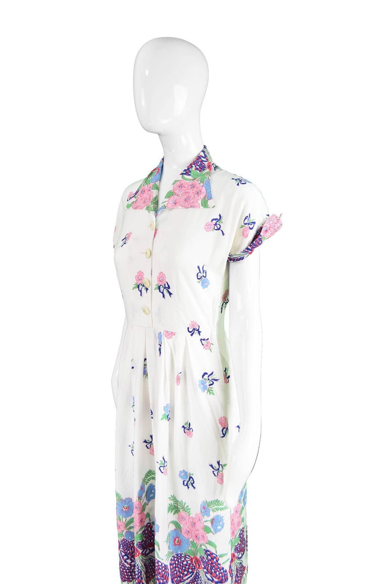 Stefney Vintage 1940s Novelty Ribbon Print White Rayon Dress For Sale ...