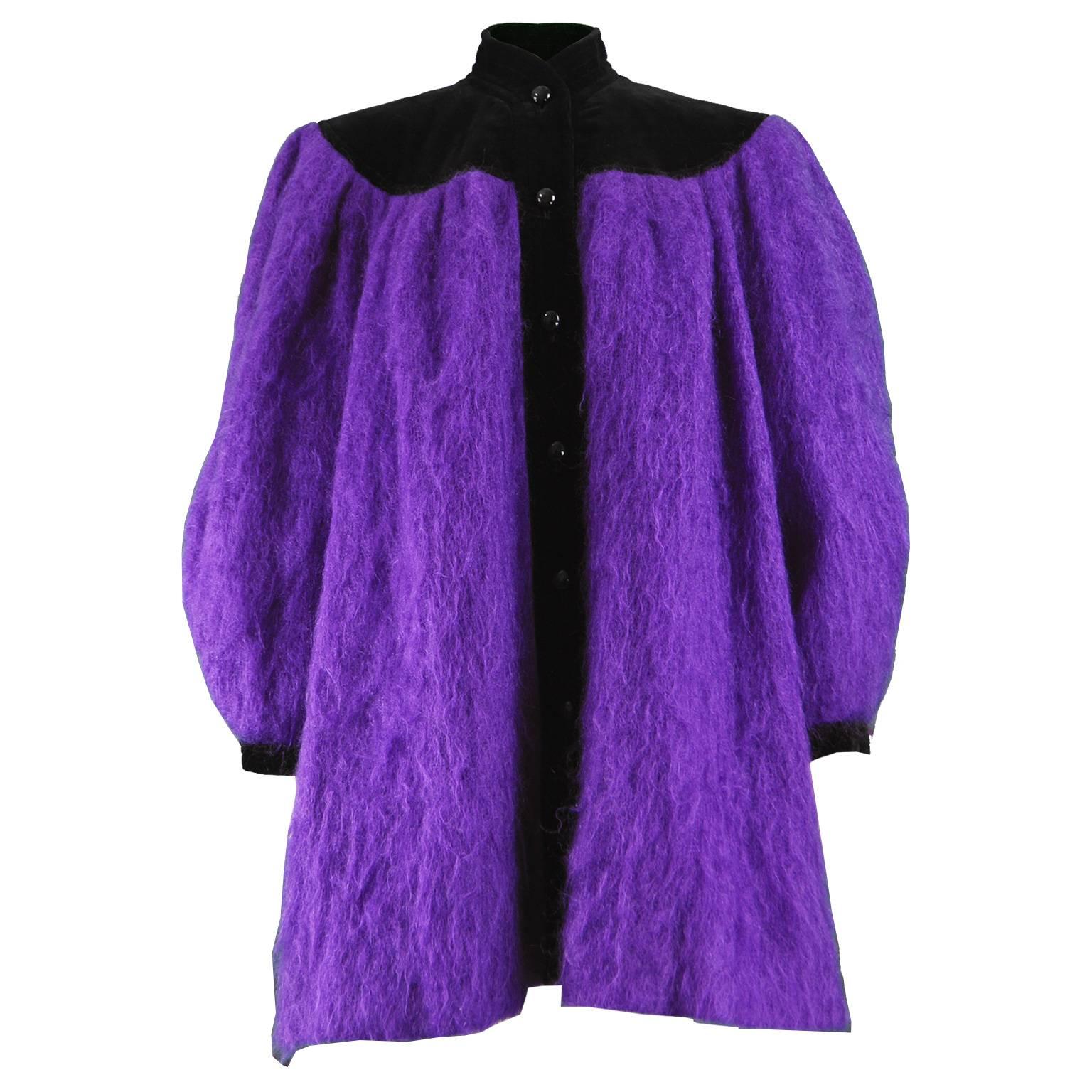 Yves Saint Laurent Purple Mohair and Black Velvet Vintage Coat, 1980s For Sale