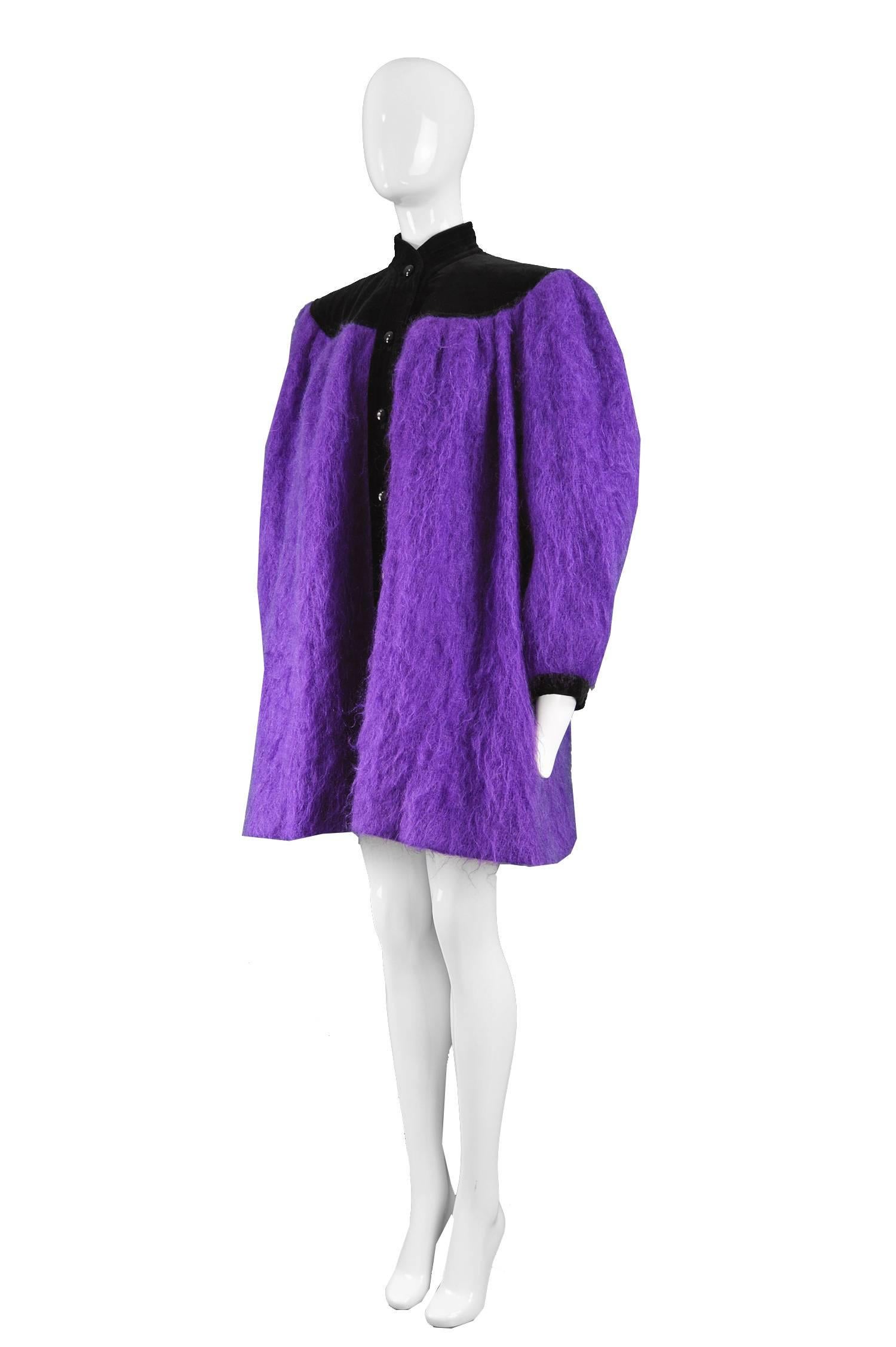 Yves Saint Laurent Purple Mohair and Black Velvet Vintage Coat, 1980s For Sale 2