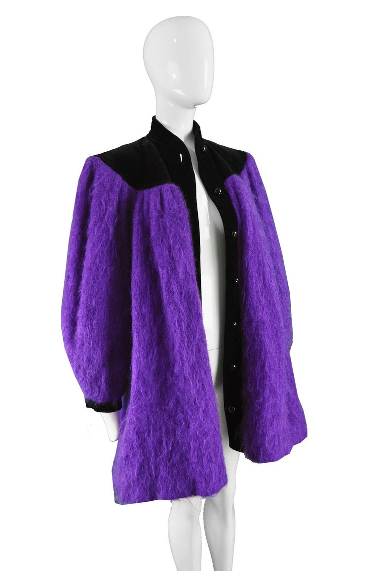 Yves Saint Laurent Purple Mohair and Black Velvet Vintage Coat, 1980s