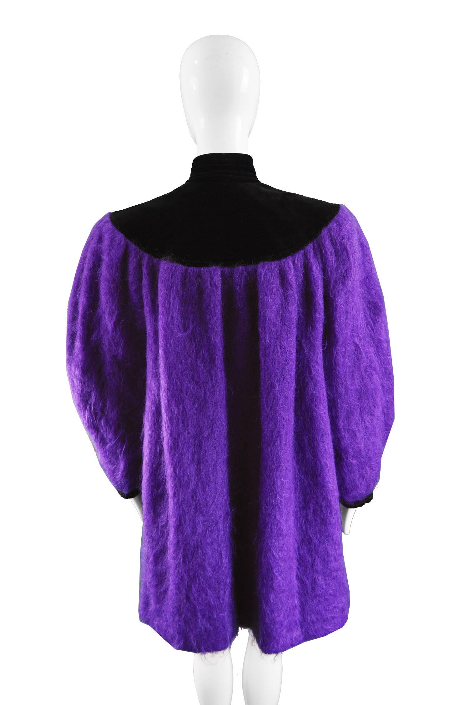 Yves Saint Laurent Purple Mohair and Black Velvet Vintage Coat, 1980s For Sale 3