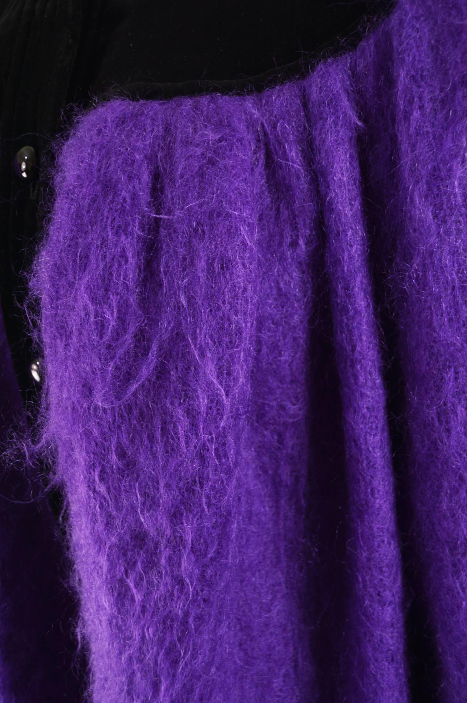 Yves Saint Laurent Purple Mohair and Black Velvet Vintage Coat, 1980s In Excellent Condition For Sale In Doncaster, South Yorkshire