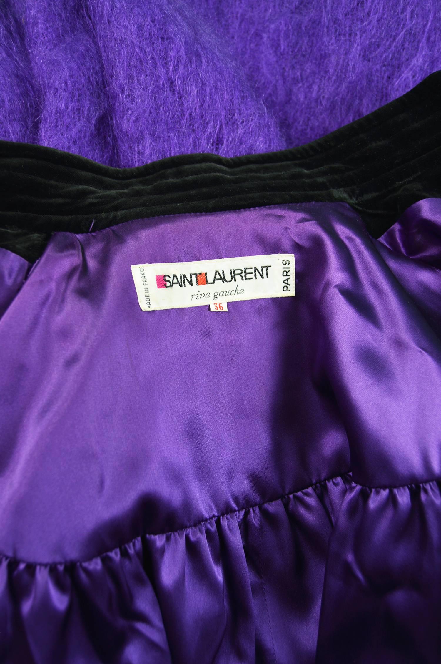 Yves Saint Laurent Purple Mohair and Black Velvet Vintage Coat, 1980s For Sale 4