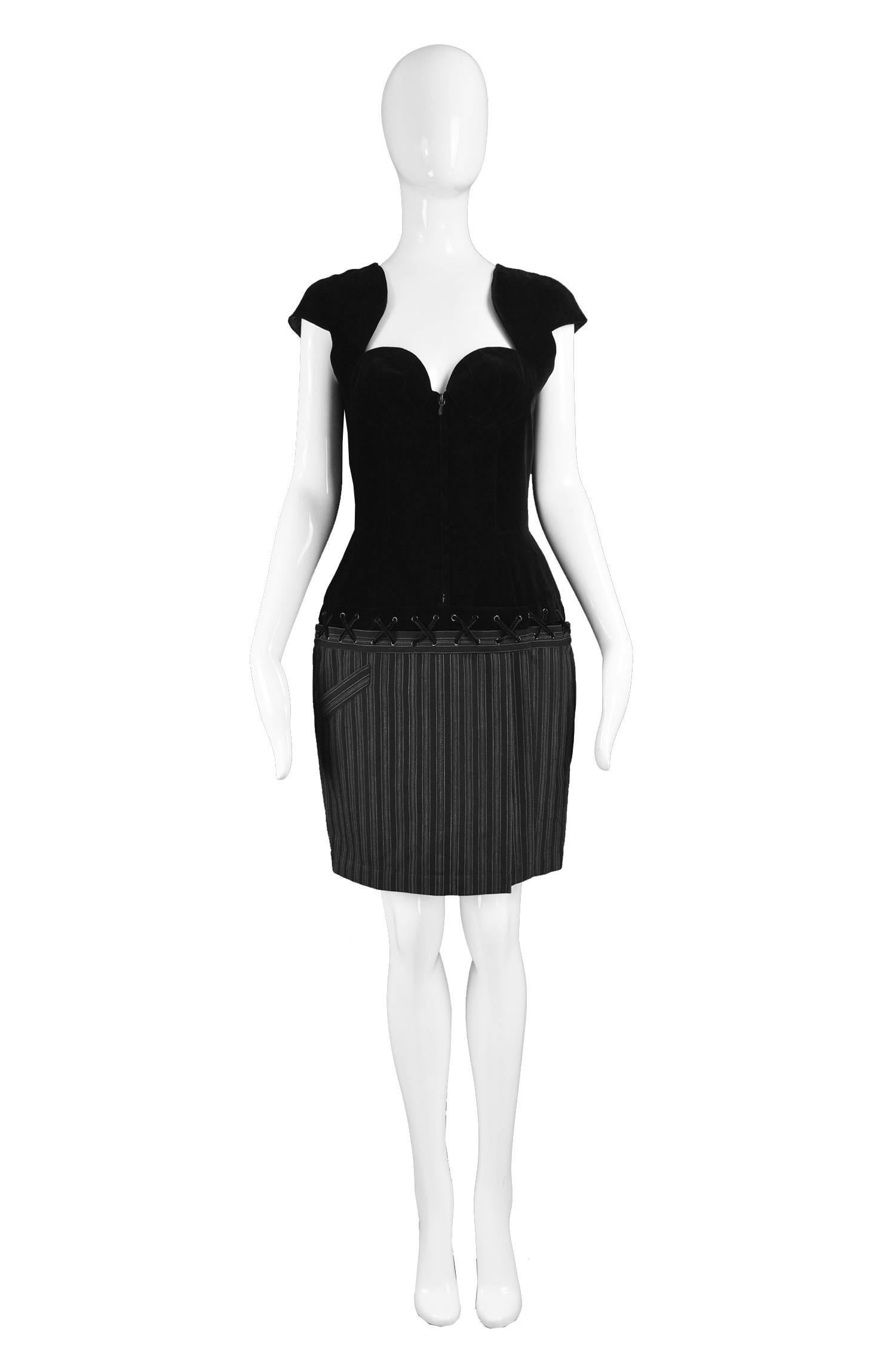 Thierry Mugler Vintage Black Velvet & Striped Wool Corset Style Dress, 1990s

Estimated Size: UK 10-12/ US 6-8/ EU 38-40. Please check measurements.
Bust - 36” / 91cm
Waist - 28” / 71cm
Hips - 38” / 96cm
Length (Shoulder to Hem) - 35” /
