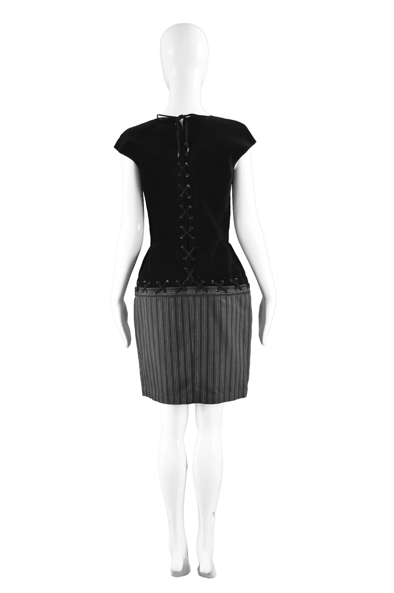 Women's Thierry Mugler Vintage Black Velvet and Striped Wool Corset Style Dress, 1990s For Sale
