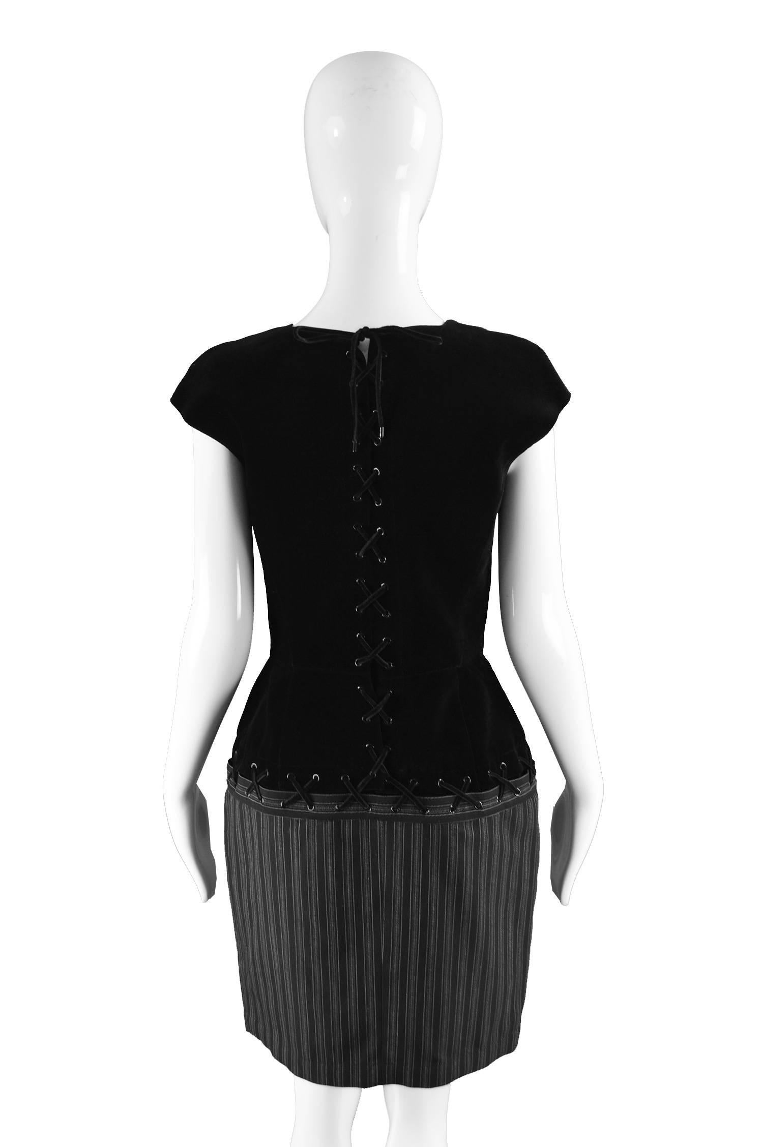 Thierry Mugler Vintage Black Velvet and Striped Wool Corset Style Dress, 1990s For Sale 1