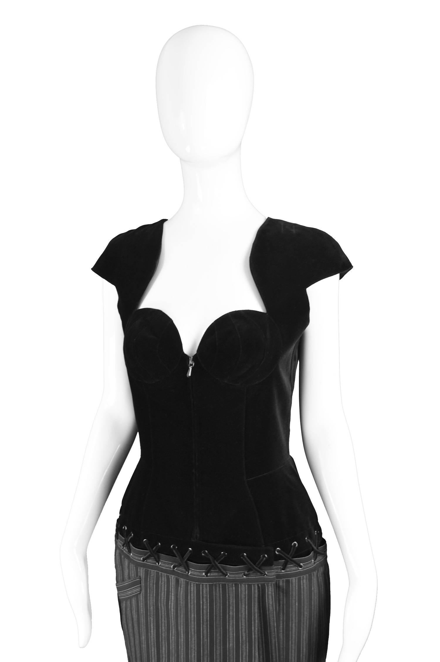 Thierry Mugler Vintage Black Velvet and Striped Wool Corset Style Dress, 1990s For Sale 3