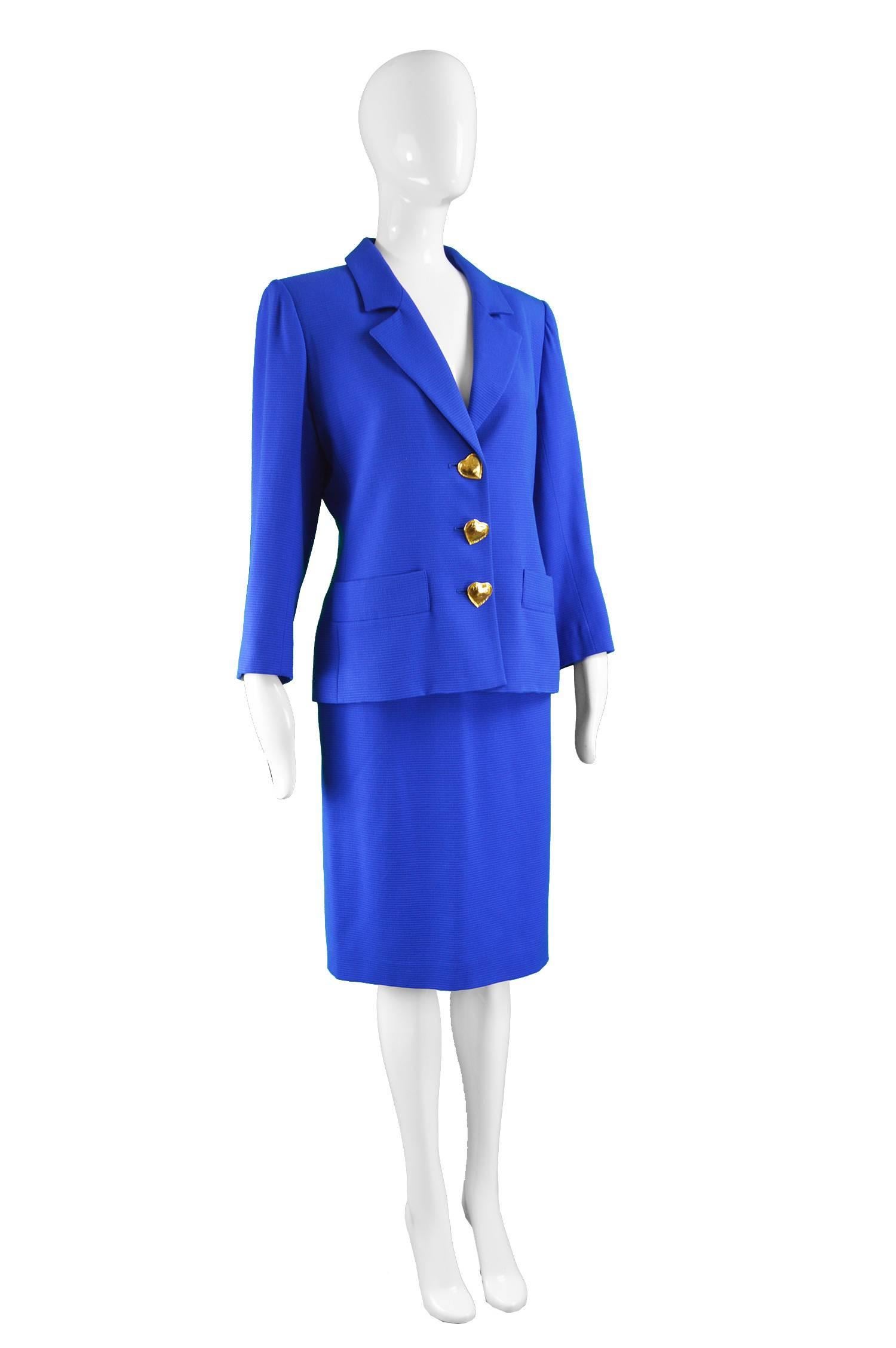 Yves Saint Laurent Blue Wool Blazer and Skirt Suit with Heart Buttons, 1980s In Good Condition In Doncaster, South Yorkshire