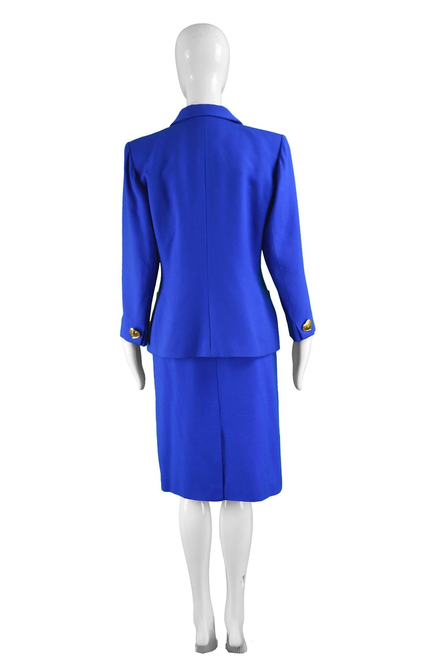 Yves Saint Laurent Blue Wool Blazer and Skirt Suit with Heart Buttons, 1980s 1